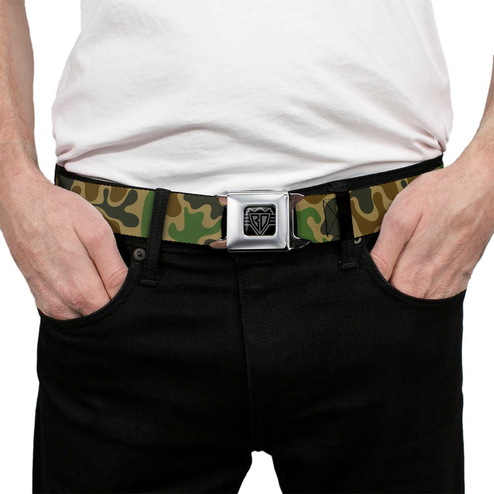 BD Wings Logo CLOSE-UP Black/Silver Seatbelt Belt - Camouflage Tan/Green/Gray/Brown Webbing Seatbelt Belts Buckle-Down