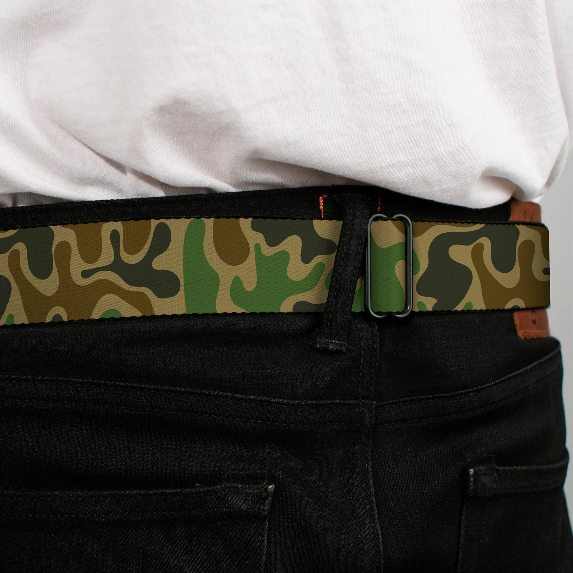 BD Wings Logo CLOSE-UP Black/Silver Seatbelt Belt - Camouflage Tan/Green/Gray/Brown Webbing Seatbelt Belts Buckle-Down
