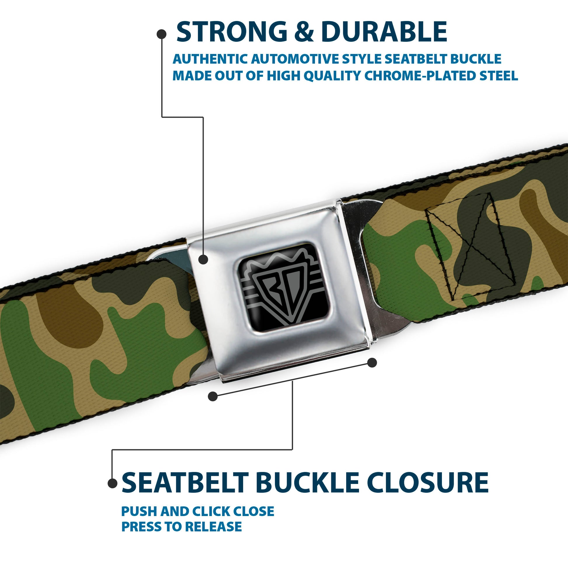 BD Wings Logo CLOSE-UP Black/Silver Seatbelt Belt - Camouflage Tan/Green/Gray/Brown Webbing Seatbelt Belts Buckle-Down
