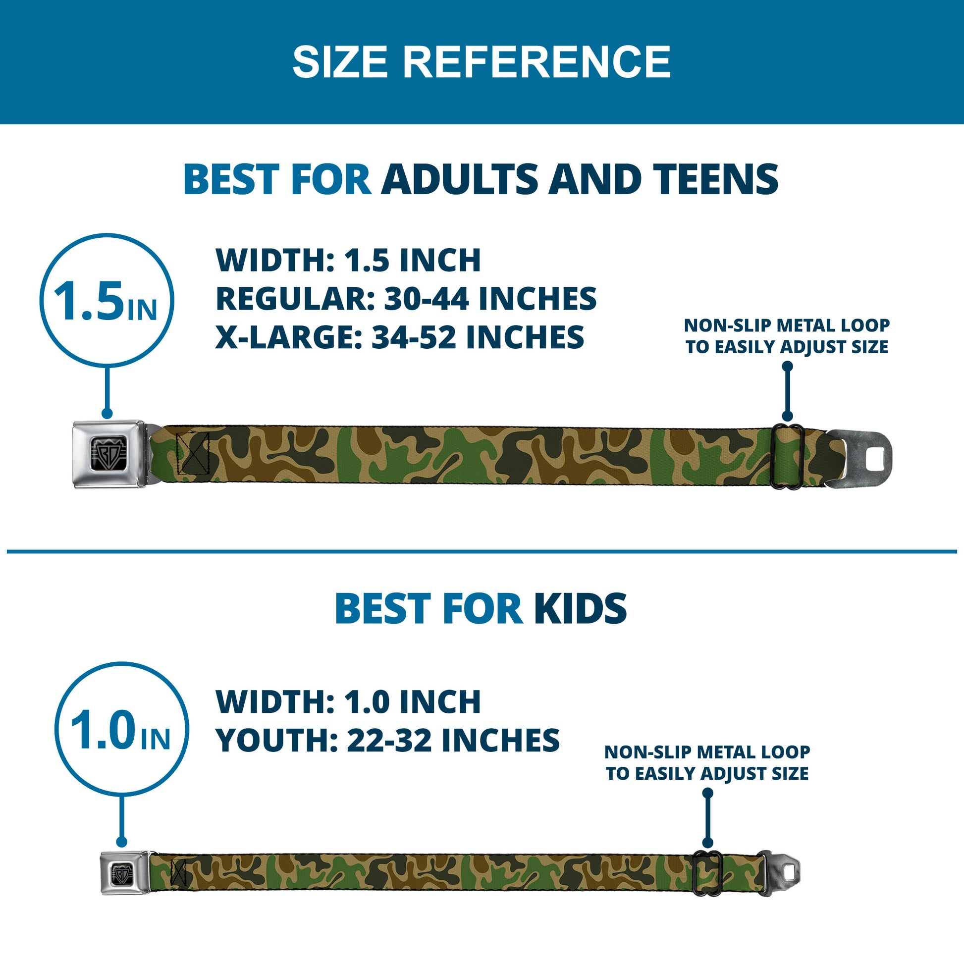 BD Wings Logo CLOSE-UP Black/Silver Seatbelt Belt - Camouflage Tan/Green/Gray/Brown Webbing Seatbelt Belts Buckle-Down