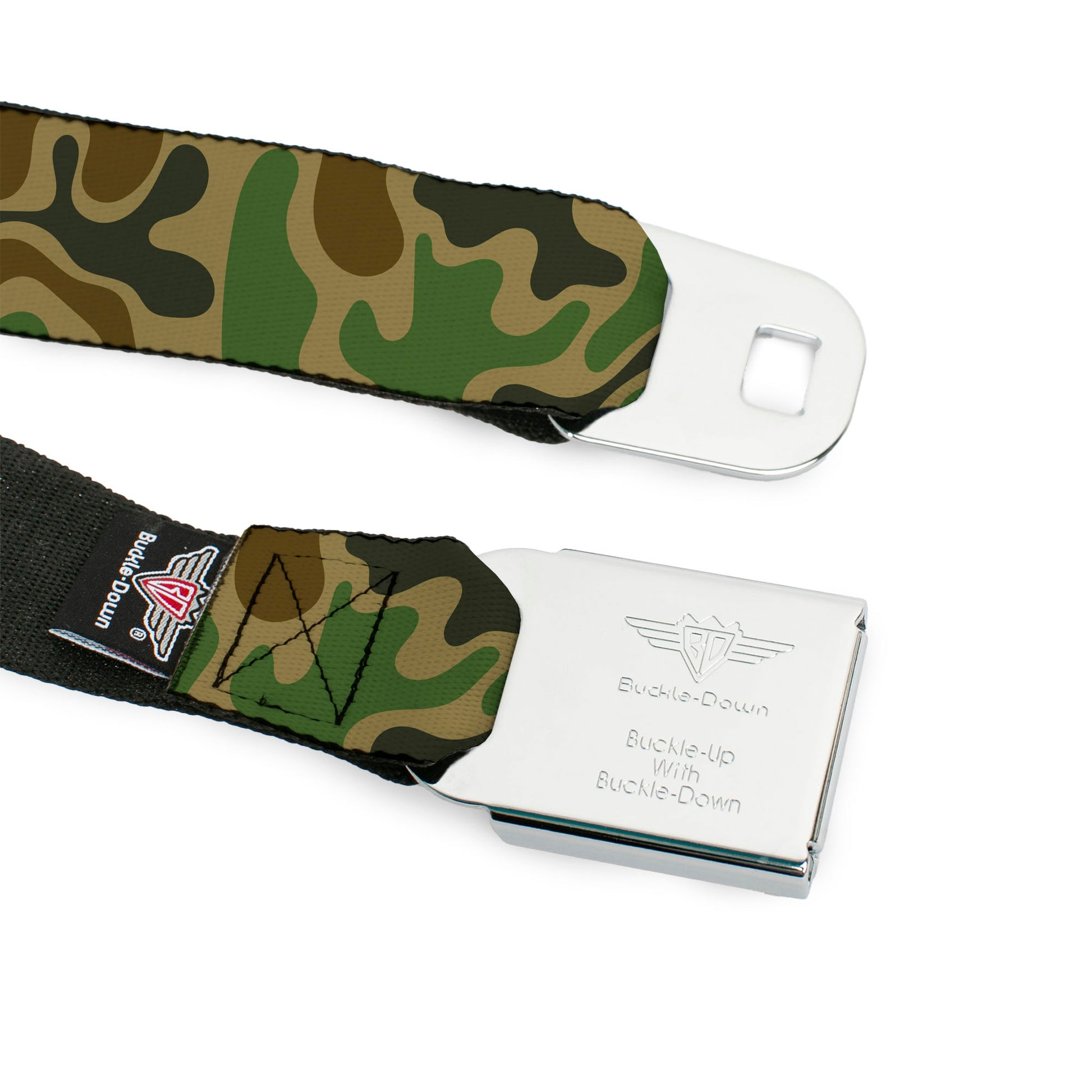 BD Wings Logo CLOSE-UP Black/Silver Seatbelt Belt - Camouflage Tan/Green/Gray/Brown Webbing Seatbelt Belts Buckle-Down