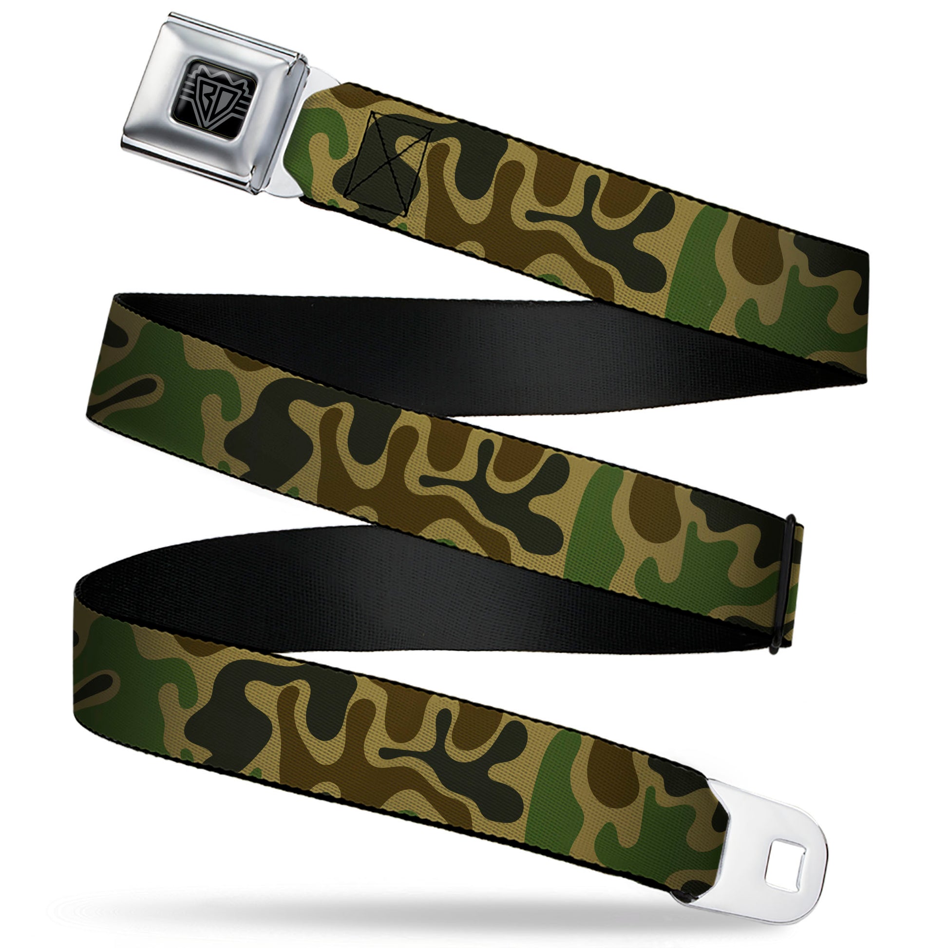 BD Wings Logo CLOSE-UP Black/Silver Seatbelt Belt - Camouflage Tan/Green/Gray/Brown Webbing Seatbelt Belts Buckle-Down