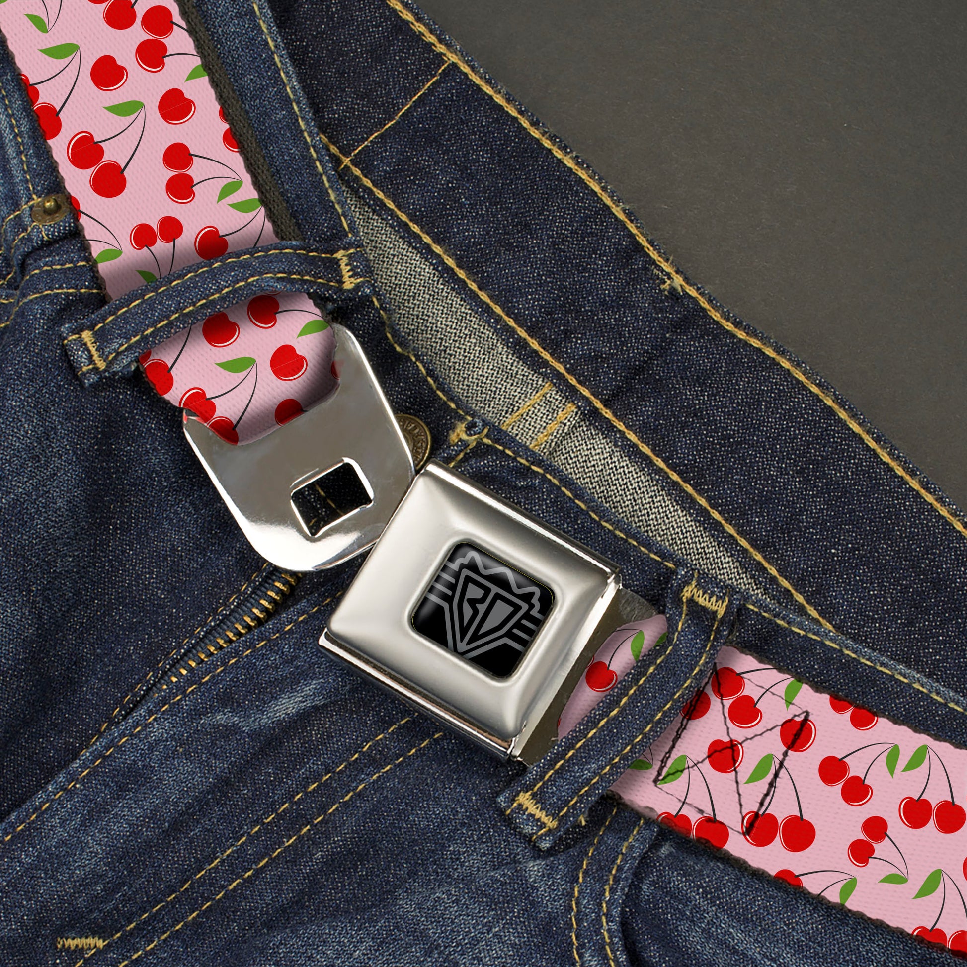 BD Wings Logo CLOSE-UP Black/Silver Seatbelt Belt - Cherry Bunches Scattered Pink Webbing Seatbelt Belts Buckle-Down