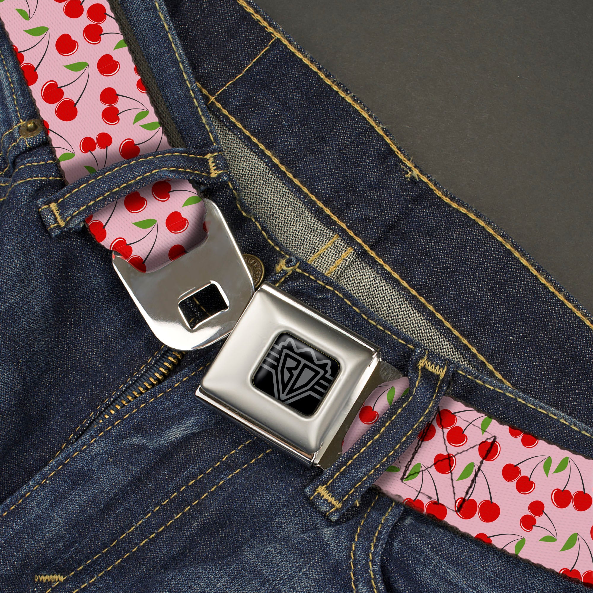 BD Wings Logo CLOSE-UP Black/Silver Seatbelt Belt - Cherry Bunches Scattered Pink Webbing Seatbelt Belts Buckle-Down