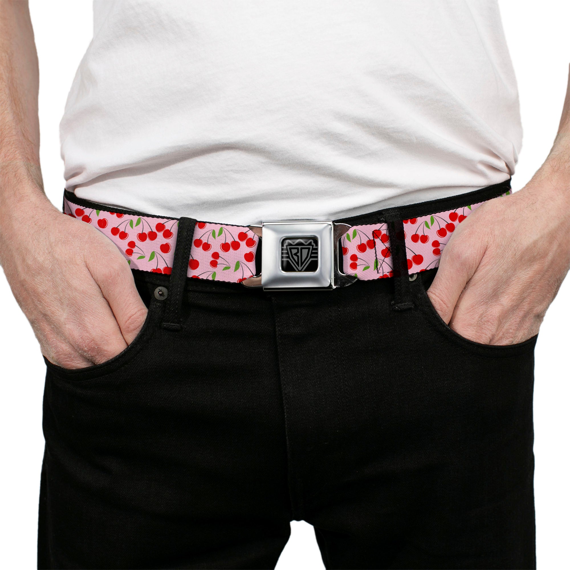 BD Wings Logo CLOSE-UP Black/Silver Seatbelt Belt - Cherry Bunches Scattered Pink Webbing Seatbelt Belts Buckle-Down