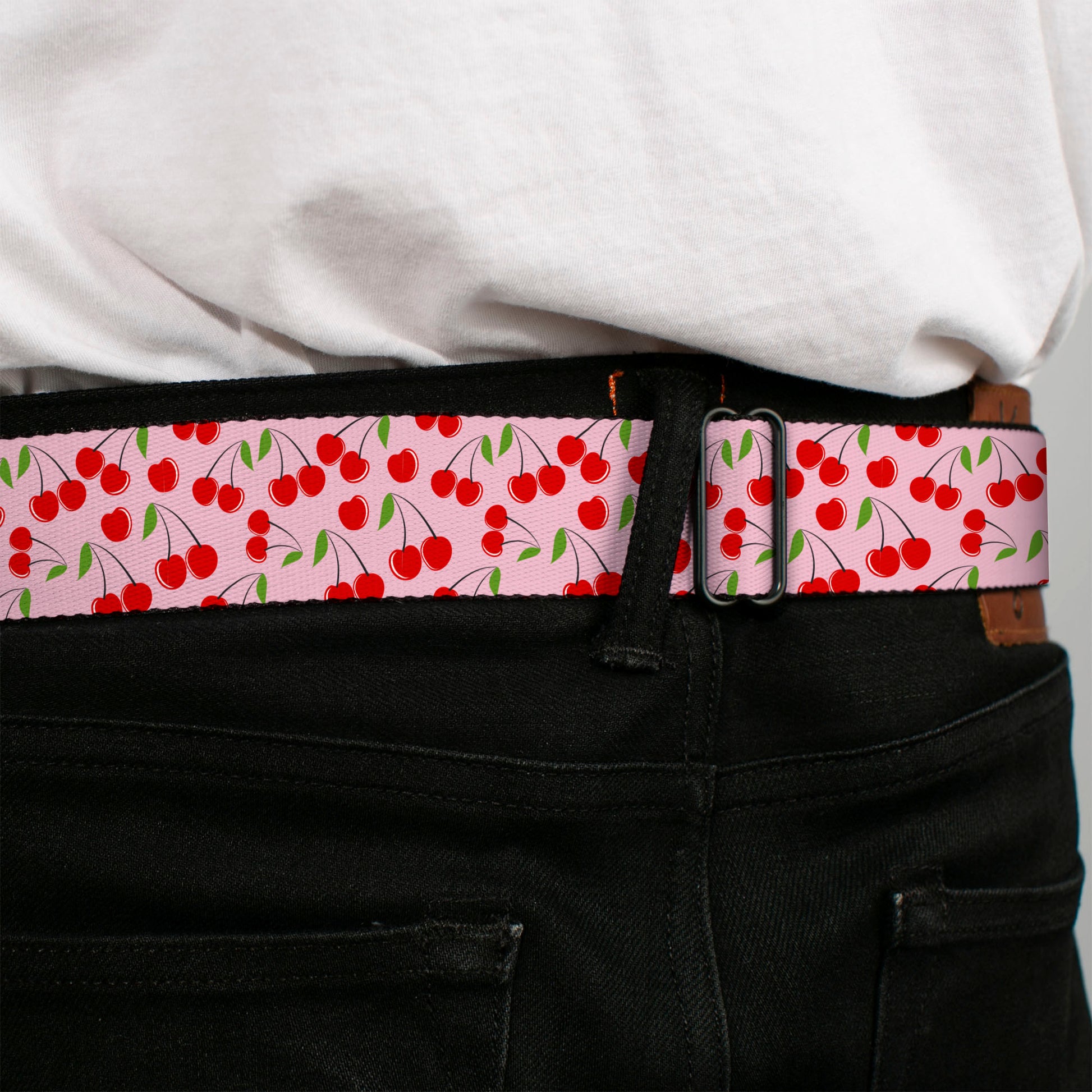 BD Wings Logo CLOSE-UP Black/Silver Seatbelt Belt - Cherry Bunches Scattered Pink Webbing Seatbelt Belts Buckle-Down