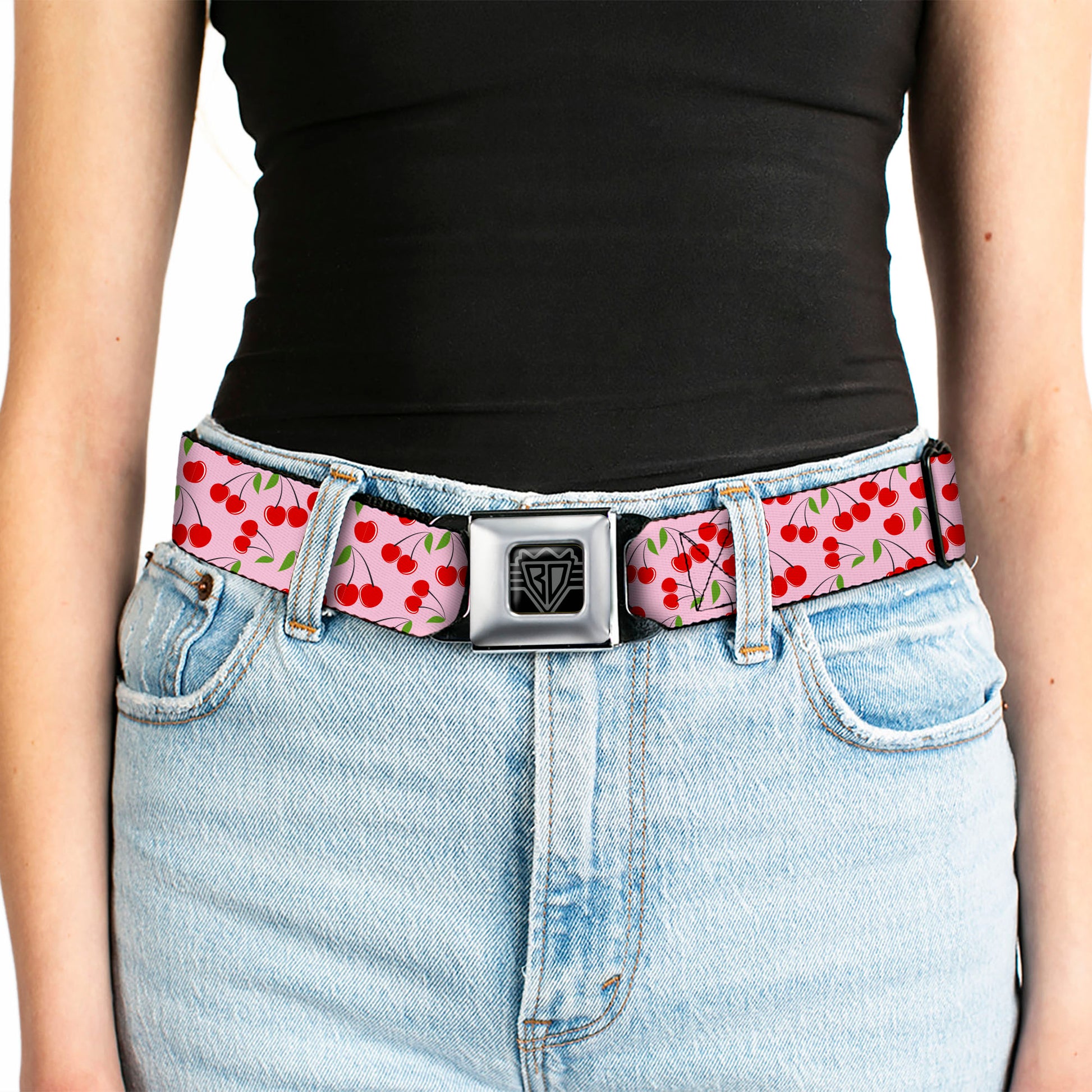 BD Wings Logo CLOSE-UP Black/Silver Seatbelt Belt - Cherry Bunches Scattered Pink Webbing Seatbelt Belts Buckle-Down