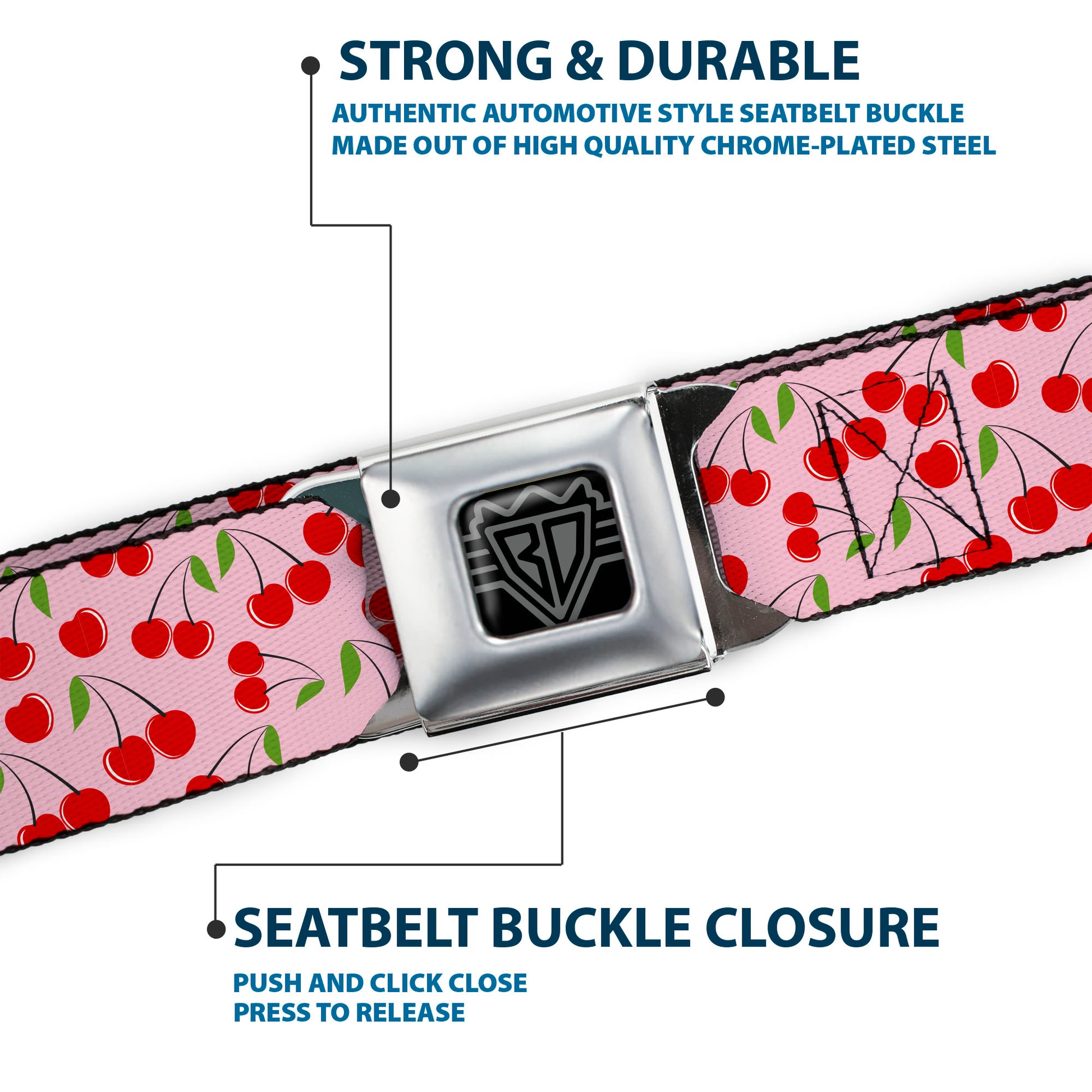 BD Wings Logo CLOSE-UP Black/Silver Seatbelt Belt - Cherry Bunches Scattered Pink Webbing Seatbelt Belts Buckle-Down