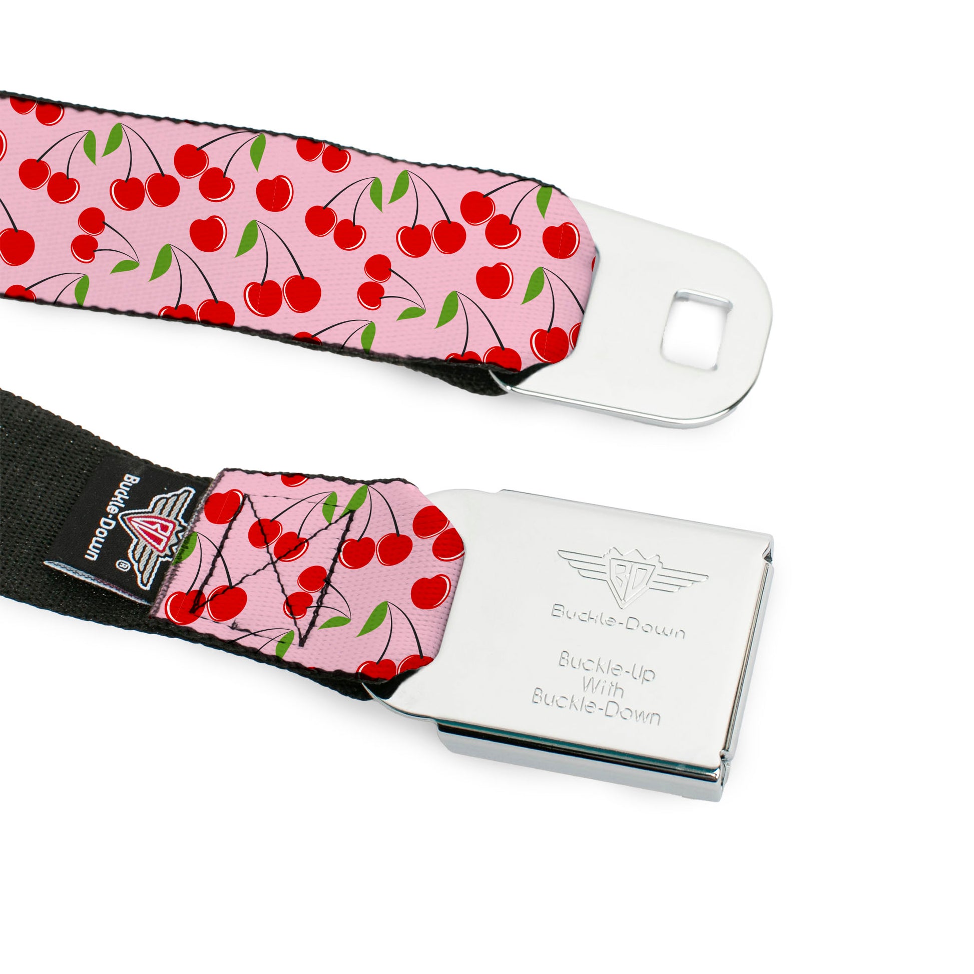 BD Wings Logo CLOSE-UP Black/Silver Seatbelt Belt - Cherry Bunches Scattered Pink Webbing Seatbelt Belts Buckle-Down