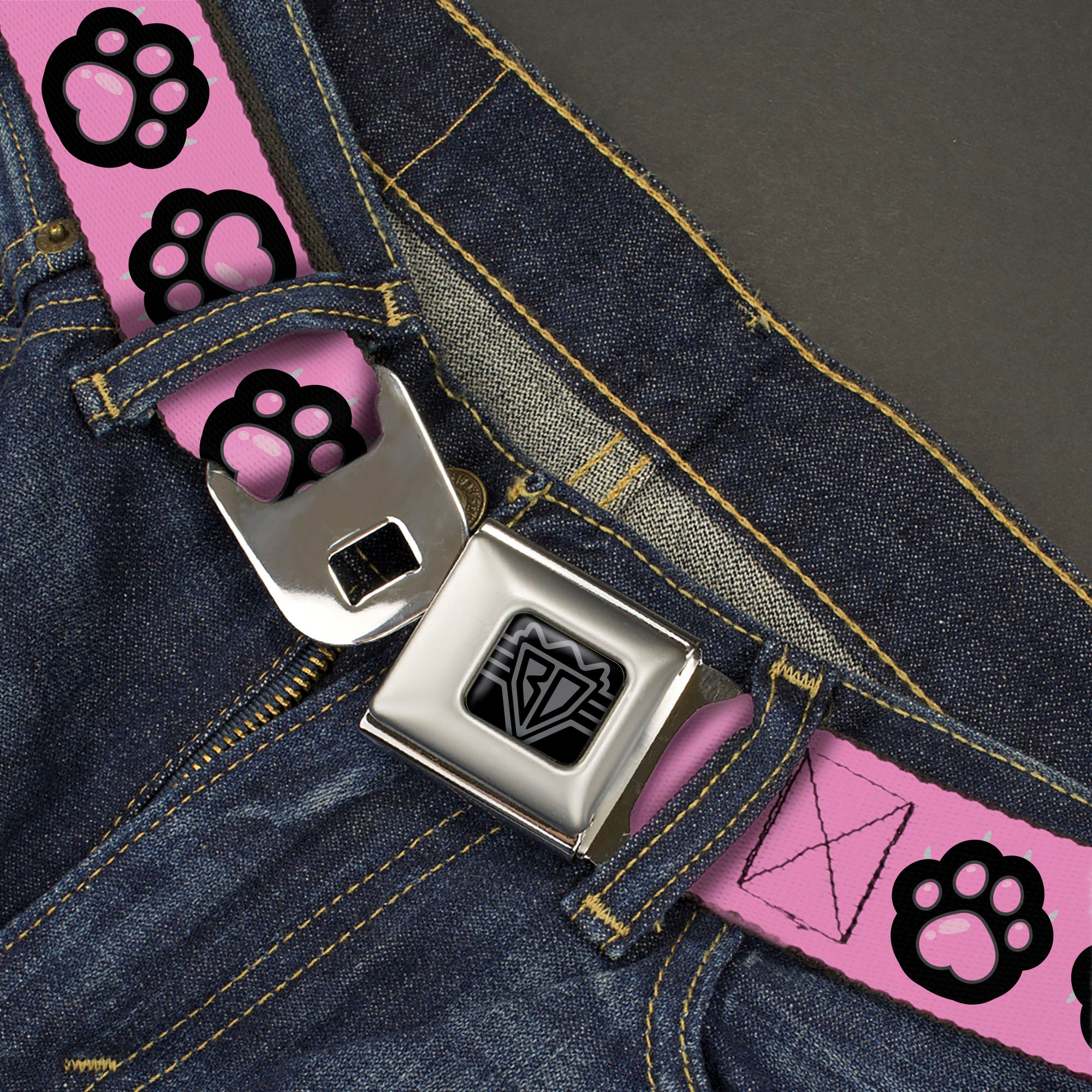 BD Wings Logo CLOSE-UP Black/Silver Seatbelt Belt - Cat Heart Paw Print Flip Pink/Black Webbing Seatbelt Belts Buckle-Down