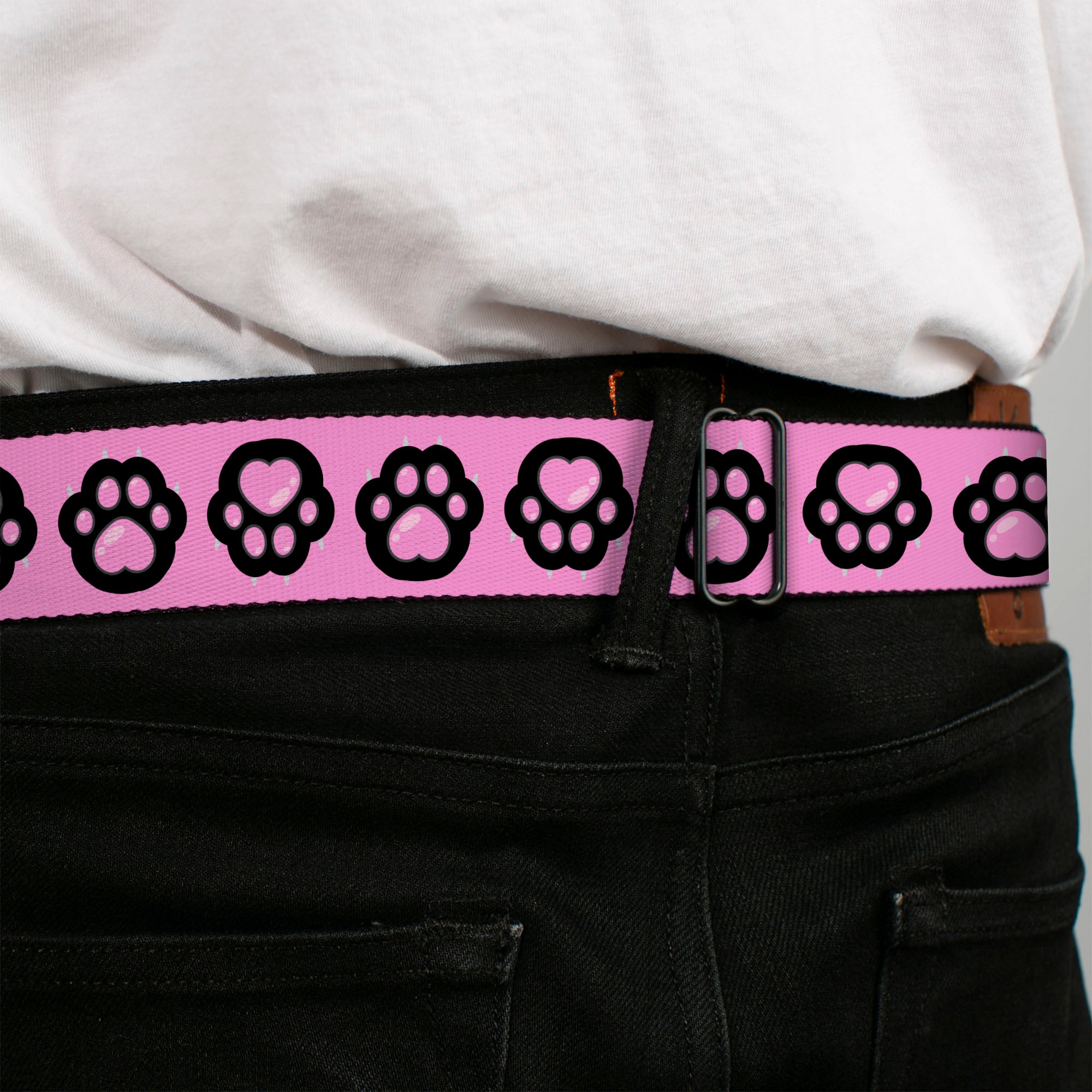 BD Wings Logo CLOSE-UP Black/Silver Seatbelt Belt - Cat Heart Paw Print Flip Pink/Black Webbing Seatbelt Belts Buckle-Down