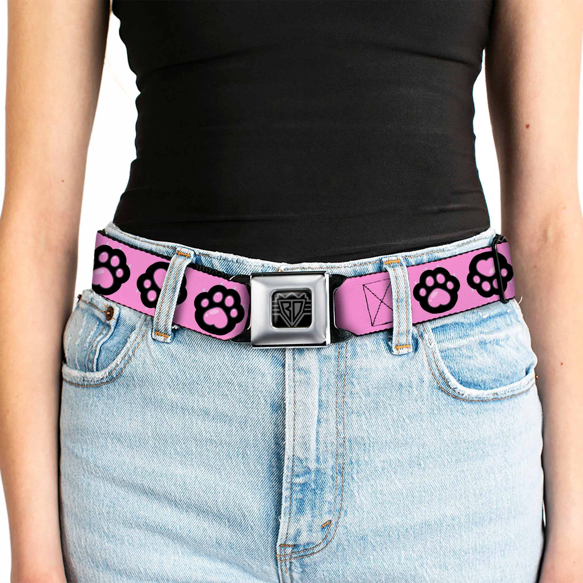 BD Wings Logo CLOSE-UP Black/Silver Seatbelt Belt - Cat Heart Paw Print Flip Pink/Black Webbing Seatbelt Belts Buckle-Down