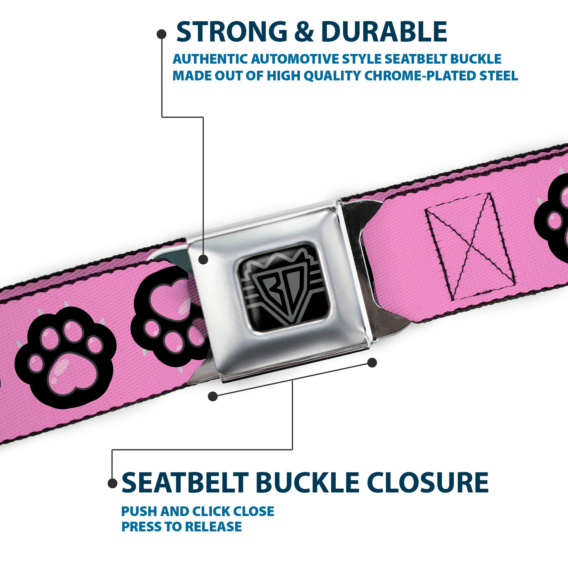 BD Wings Logo CLOSE-UP Black/Silver Seatbelt Belt - Cat Heart Paw Print Flip Pink/Black Webbing Seatbelt Belts Buckle-Down