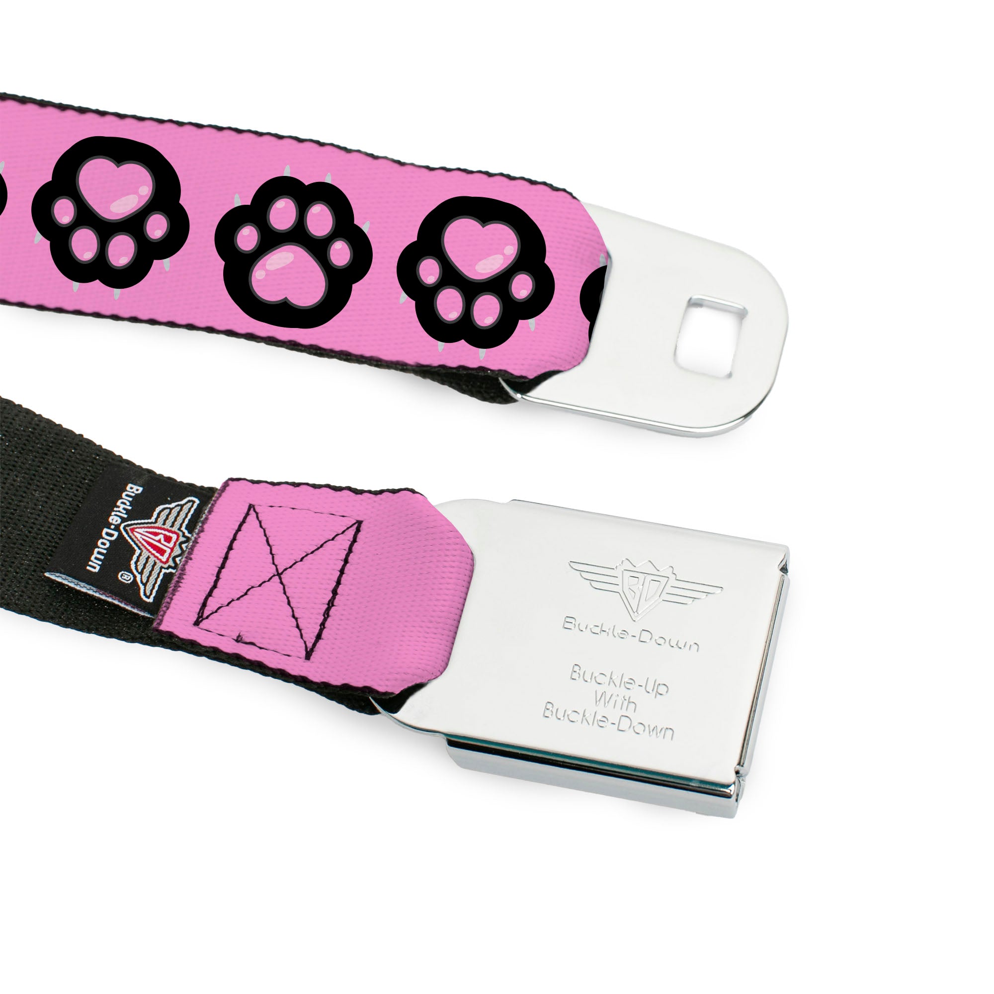 BD Wings Logo CLOSE-UP Black/Silver Seatbelt Belt - Cat Heart Paw Print Flip Pink/Black Webbing Seatbelt Belts Buckle-Down