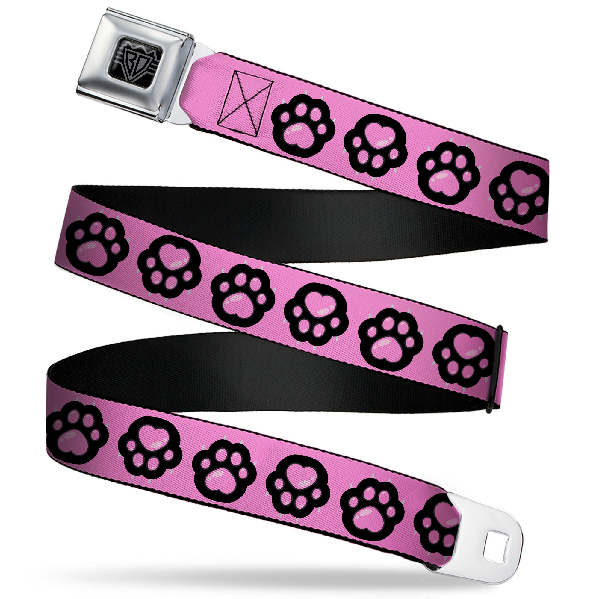 BD Wings Logo CLOSE-UP Black/Silver Seatbelt Belt - Cat Heart Paw Print Flip Pink/Black Webbing Seatbelt Belts Buckle-Down