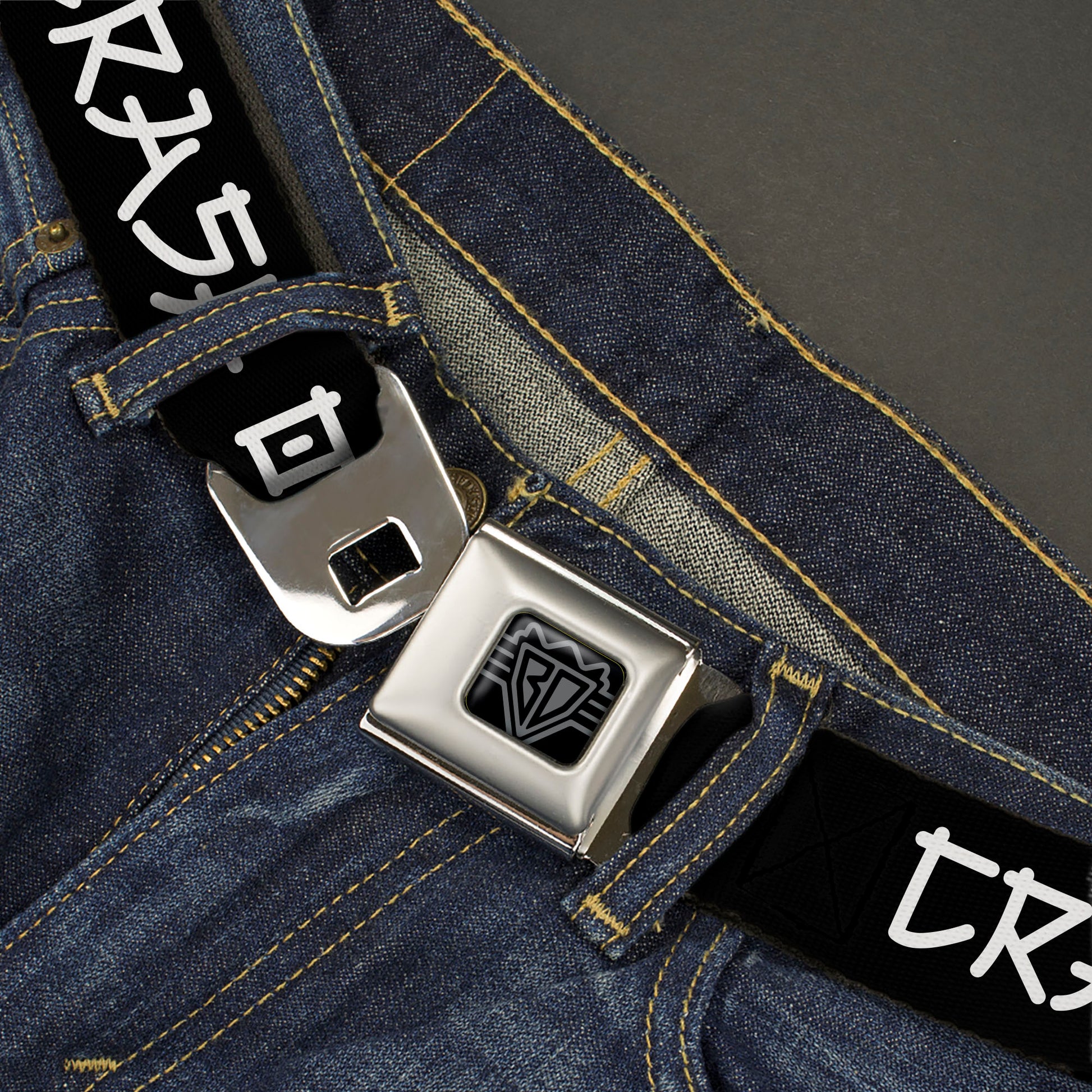 BD Wings Logo CLOSE-UP Black/Silver Seatbelt Belt - CRASH OUT Kanji Style Text Black/White Webbing Seatbelt Belts Buckle-Down