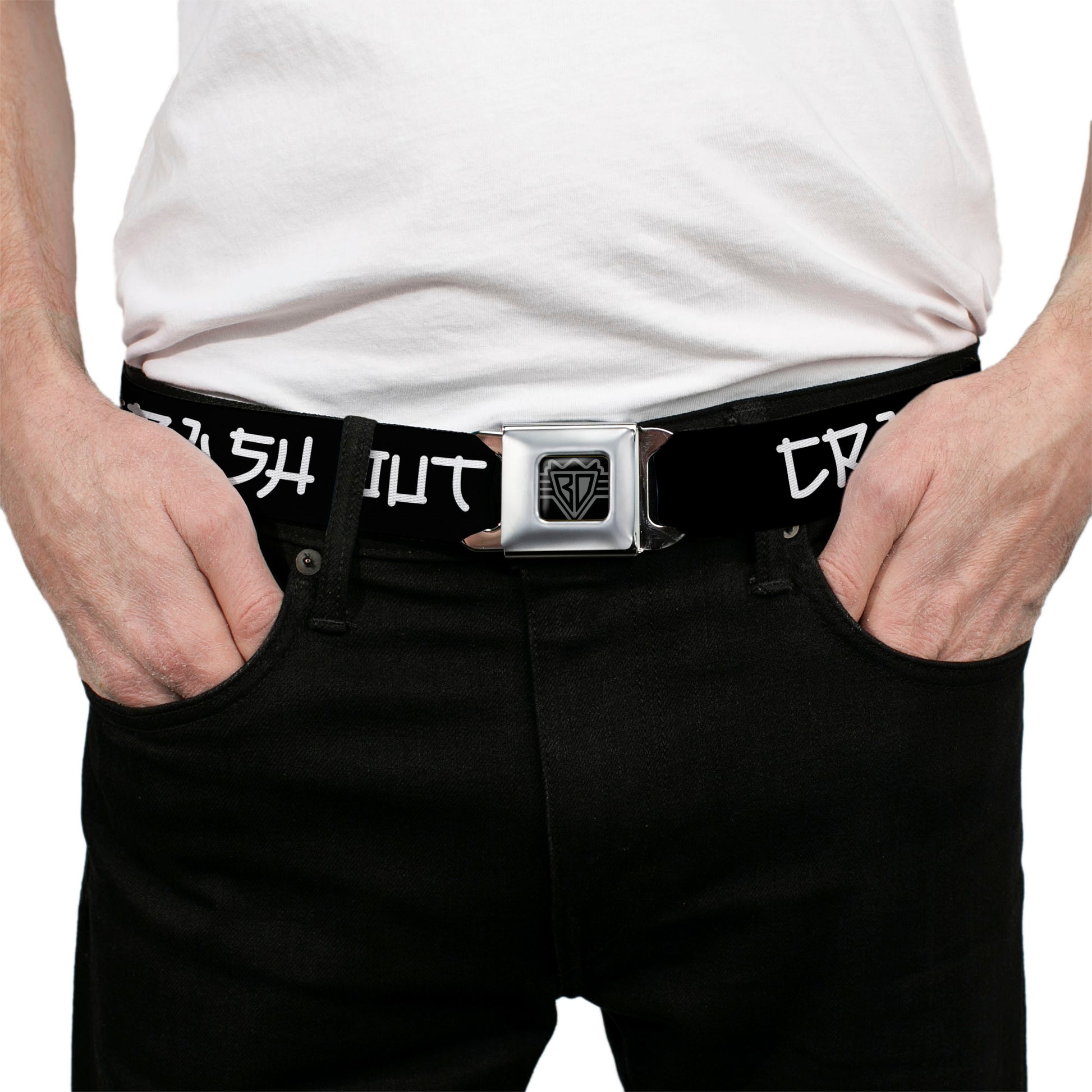 BD Wings Logo CLOSE-UP Black/Silver Seatbelt Belt - CRASH OUT Kanji Style Text Black/White Webbing Seatbelt Belts Buckle-Down