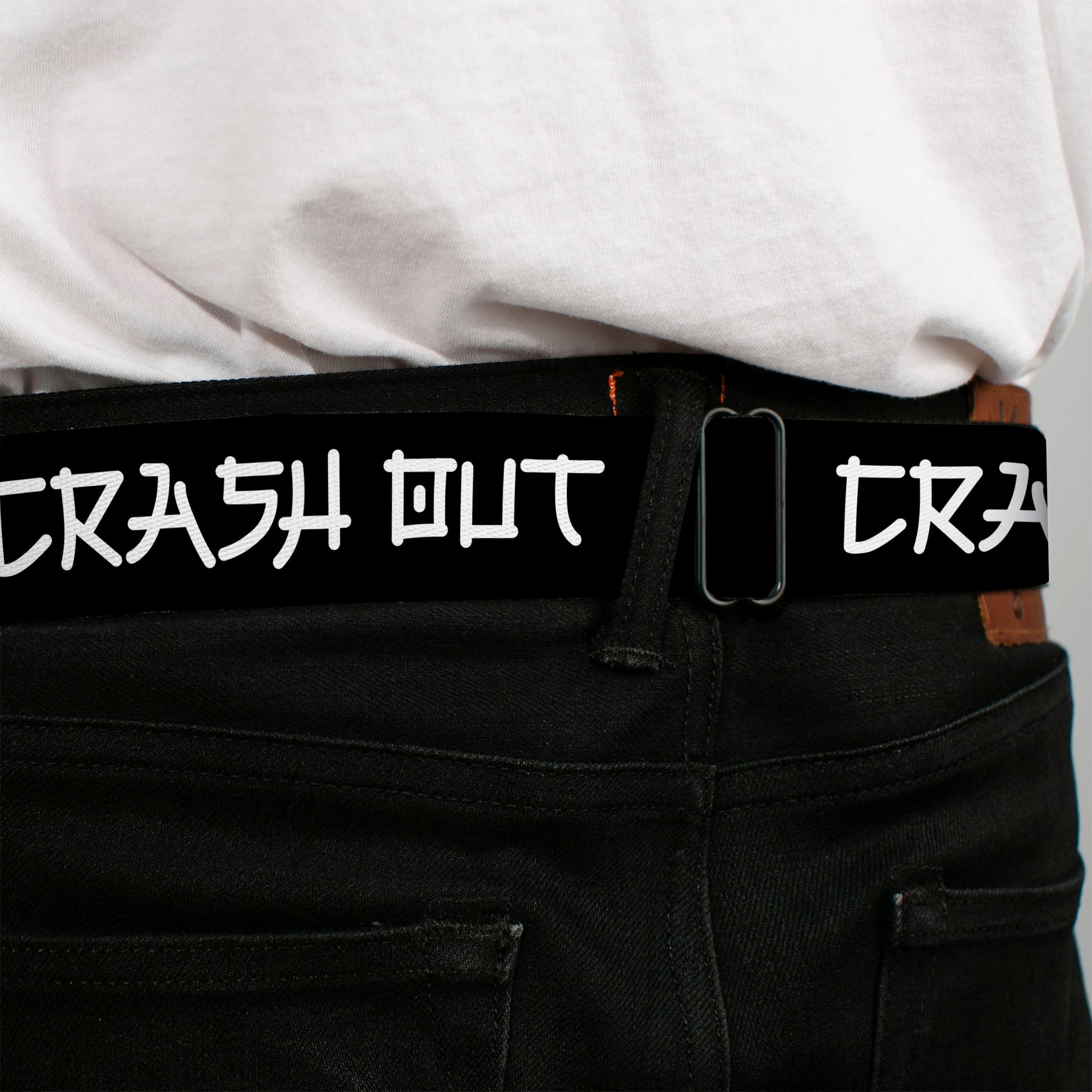 BD Wings Logo CLOSE-UP Black/Silver Seatbelt Belt - CRASH OUT Kanji Style Text Black/White Webbing Seatbelt Belts Buckle-Down