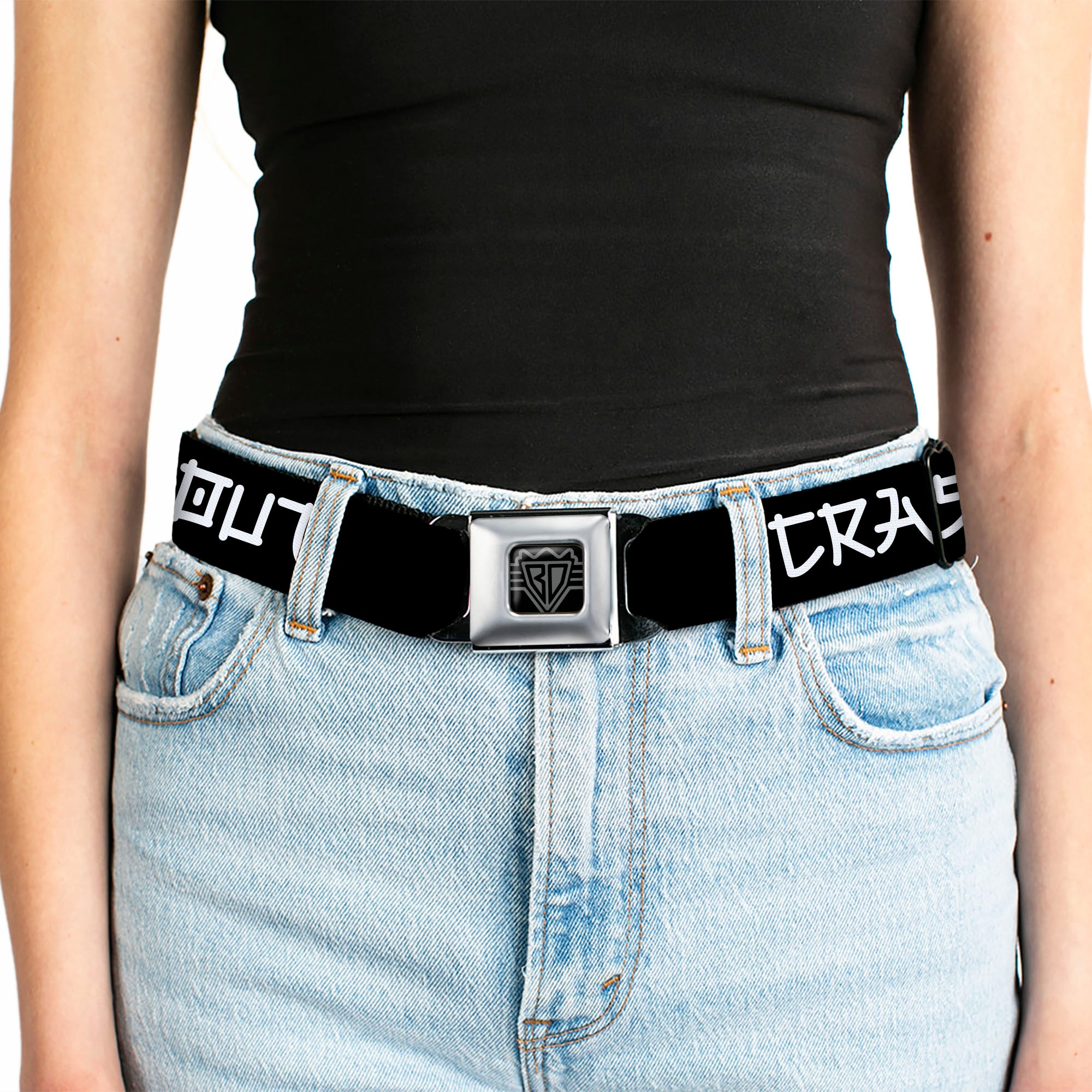 BD Wings Logo CLOSE-UP Black/Silver Seatbelt Belt - CRASH OUT Kanji Style Text Black/White Webbing Seatbelt Belts Buckle-Down