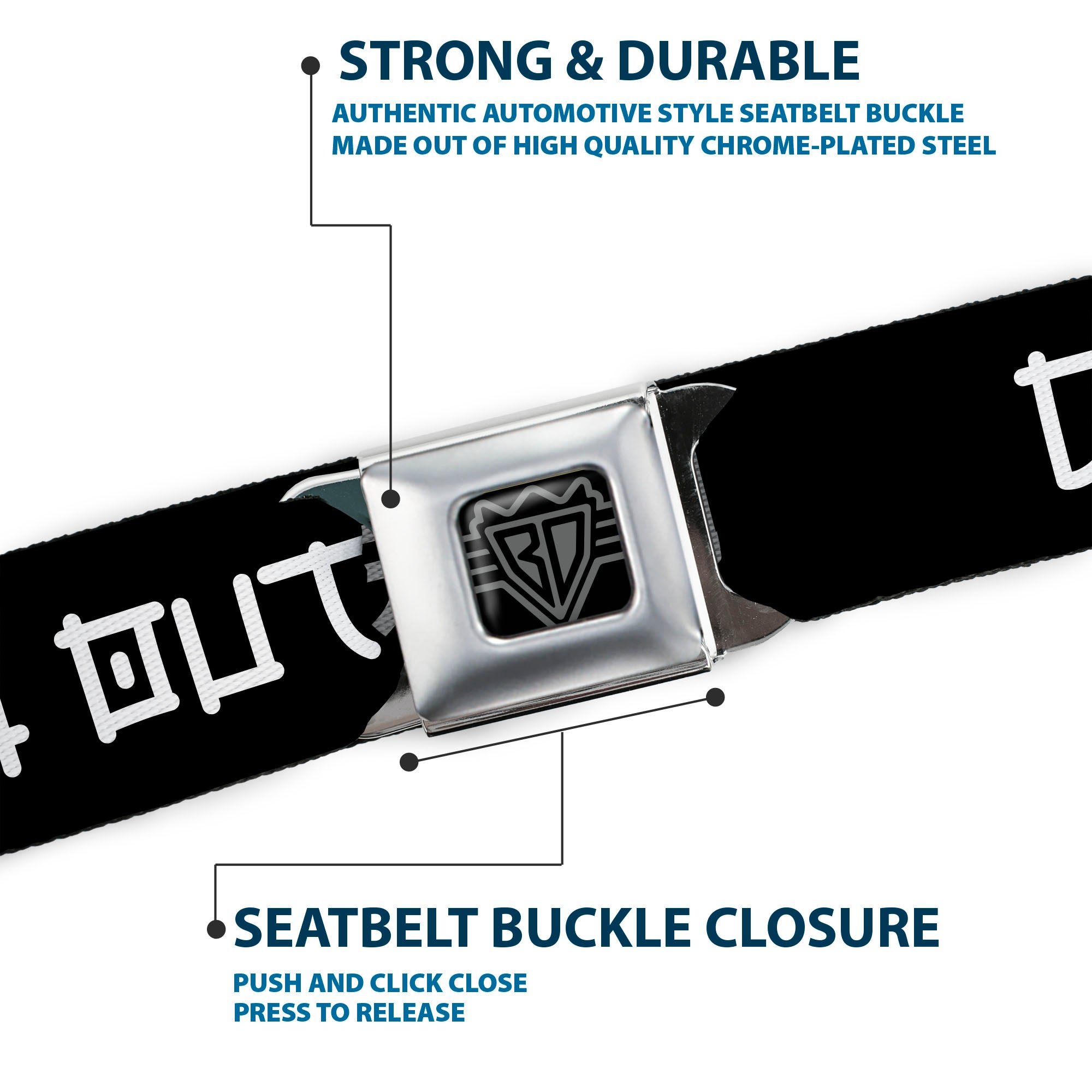 BD Wings Logo CLOSE-UP Black/Silver Seatbelt Belt - CRASH OUT Kanji Style Text Black/White Webbing Seatbelt Belts Buckle-Down