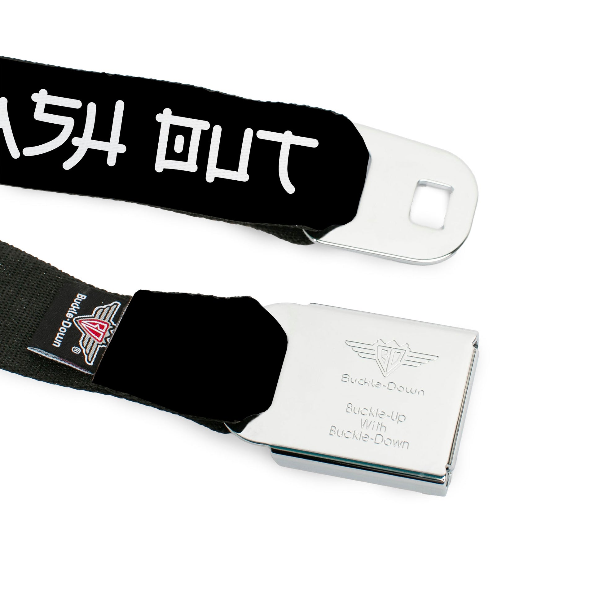 BD Wings Logo CLOSE-UP Black/Silver Seatbelt Belt - CRASH OUT Kanji Style Text Black/White Webbing Seatbelt Belts Buckle-Down