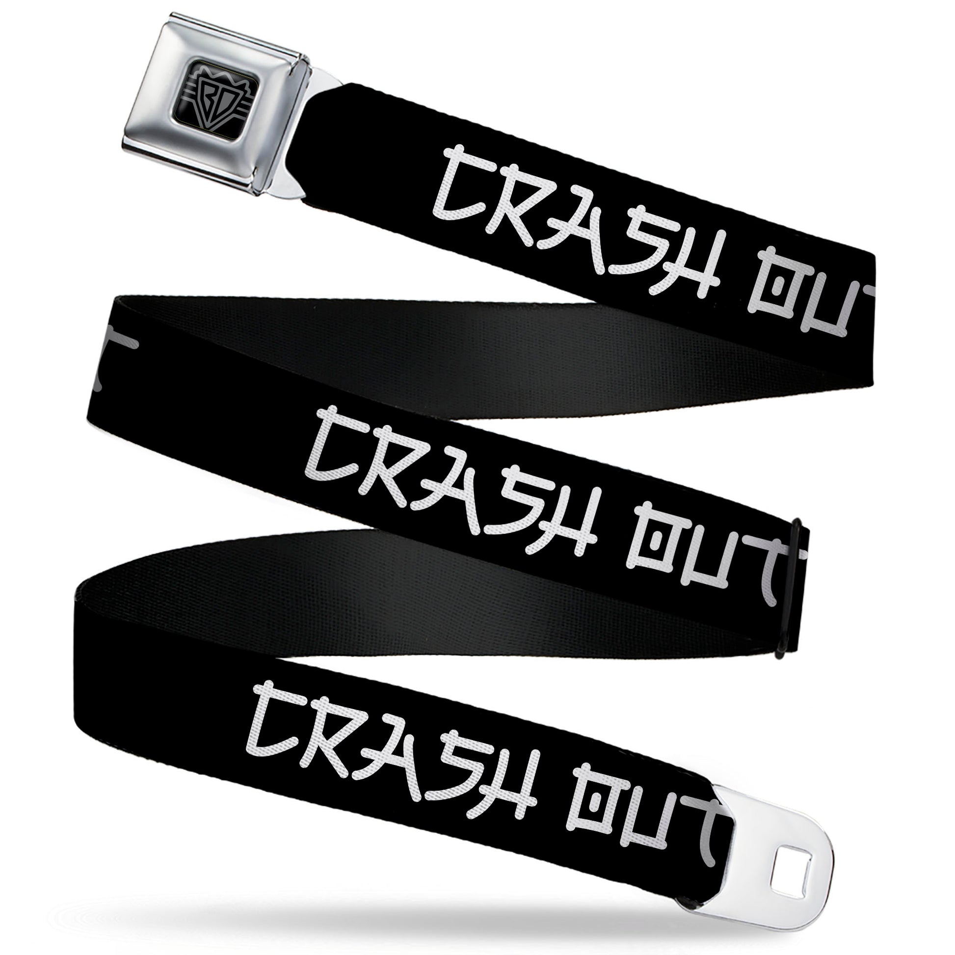 BD Wings Logo CLOSE-UP Black/Silver Seatbelt Belt - CRASH OUT Kanji Style Text Black/White Webbing Seatbelt Belts Buckle-Down