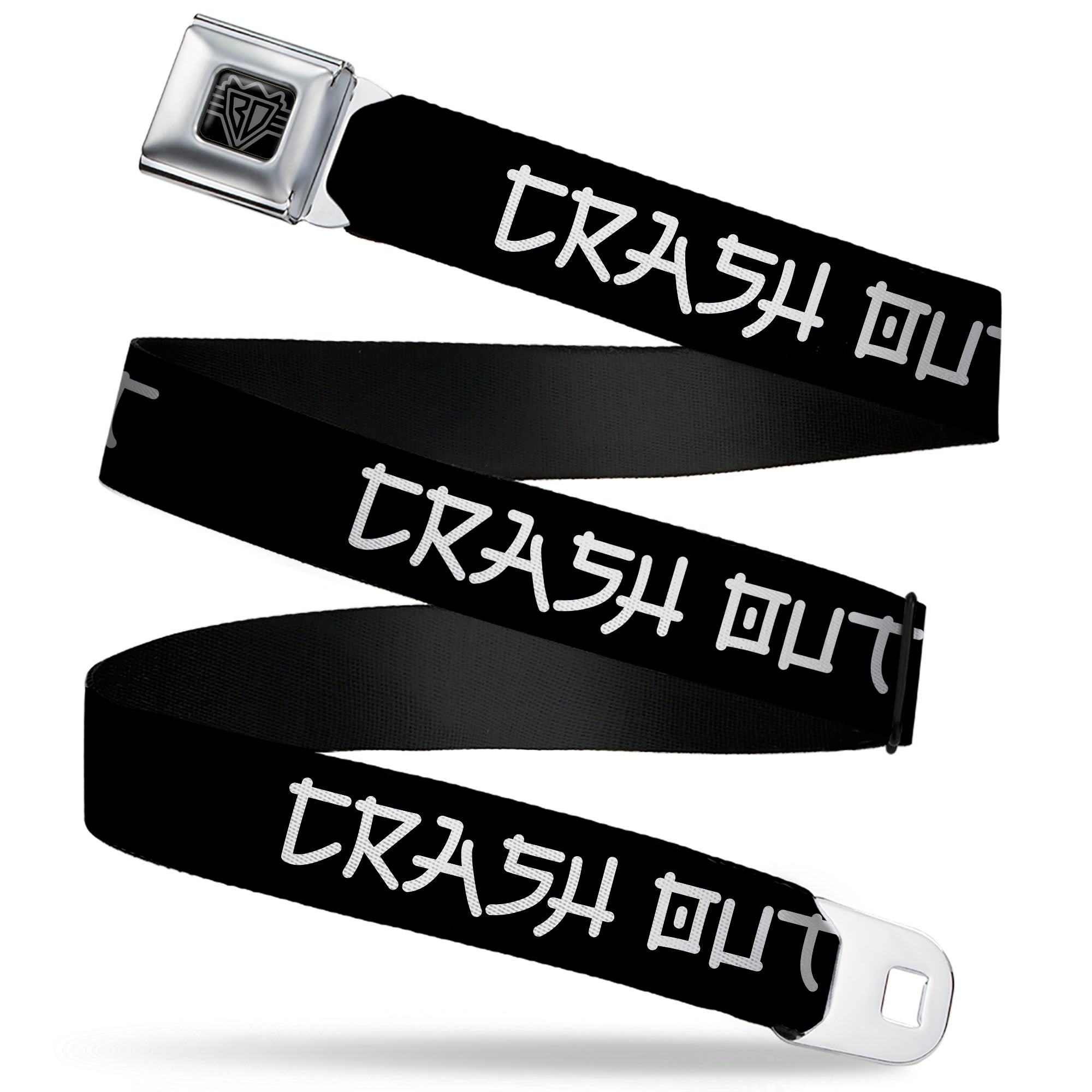 BD Wings Logo CLOSE-UP Black/Silver Seatbelt Belt - CRASH OUT Kanji Style Text Black/White Webbing Seatbelt Belts Buckle-Down