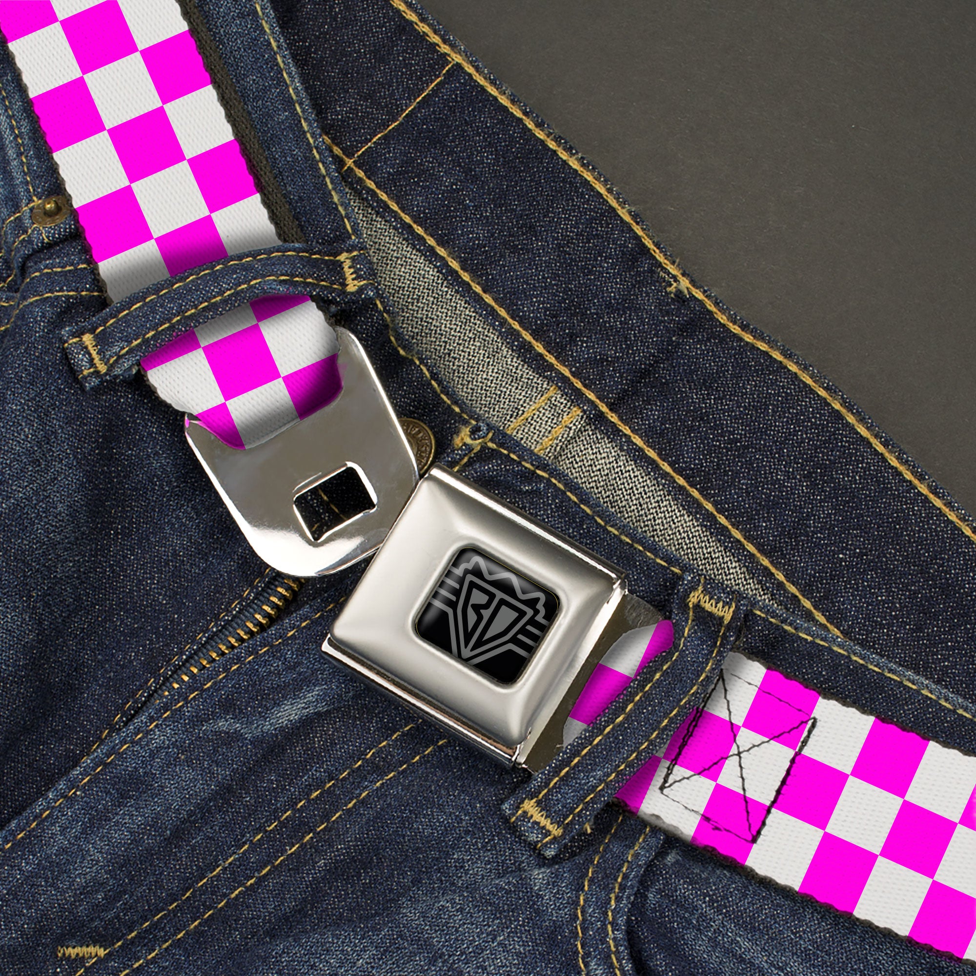 BD Wings Logo CLOSE-UP Black/Silver Seatbelt Belt - Checker Fuchsia Pink/White Webbing Seatbelt Belts Buckle-Down