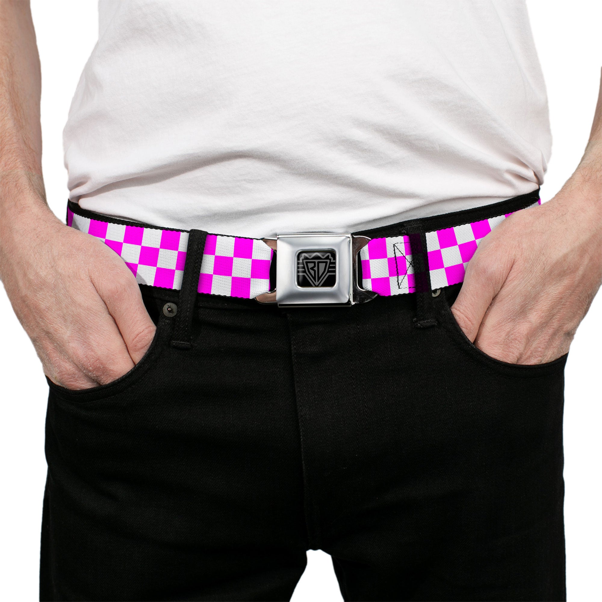 BD Wings Logo CLOSE-UP Black/Silver Seatbelt Belt - Checker Fuchsia Pink/White Webbing Seatbelt Belts Buckle-Down
