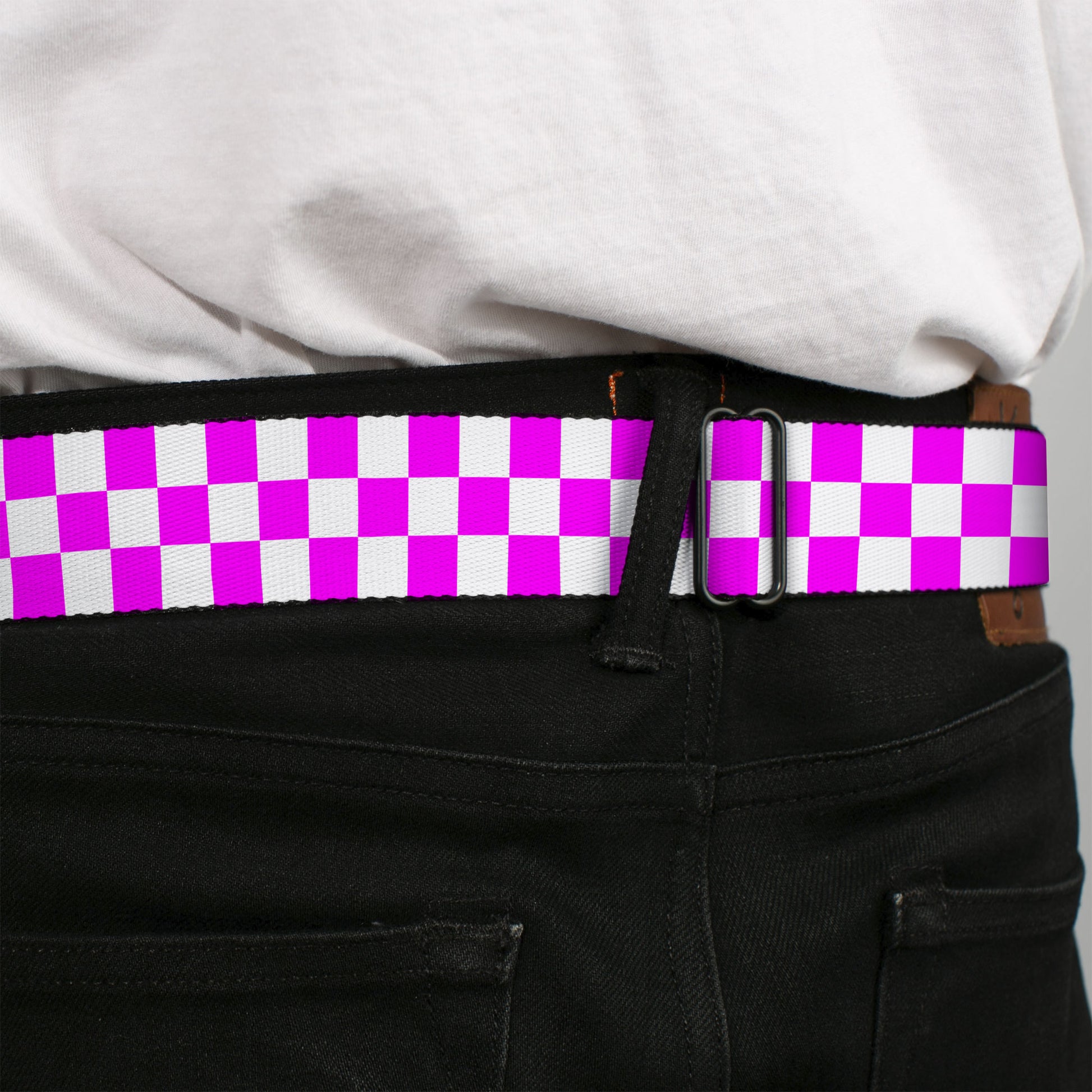 BD Wings Logo CLOSE-UP Black/Silver Seatbelt Belt - Checker Fuchsia Pink/White Webbing Seatbelt Belts Buckle-Down