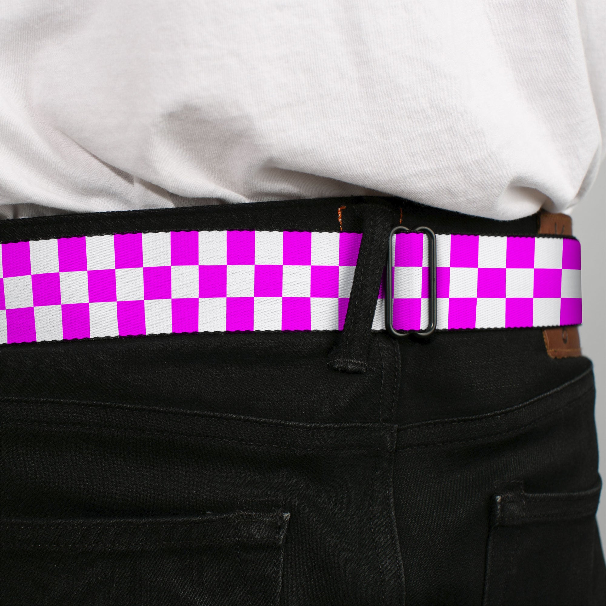 BD Wings Logo CLOSE-UP Black/Silver Seatbelt Belt - Checker Fuchsia Pink/White Webbing Seatbelt Belts Buckle-Down