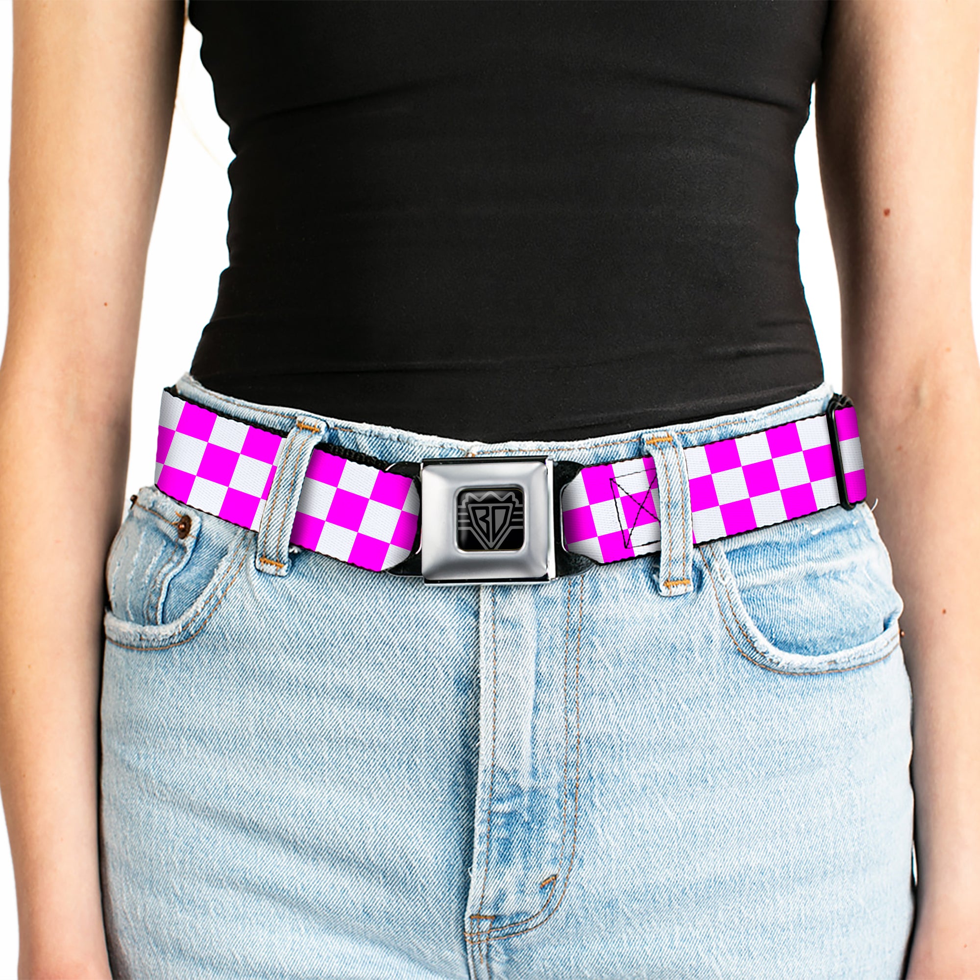 BD Wings Logo CLOSE-UP Black/Silver Seatbelt Belt - Checker Fuchsia Pink/White Webbing Seatbelt Belts Buckle-Down