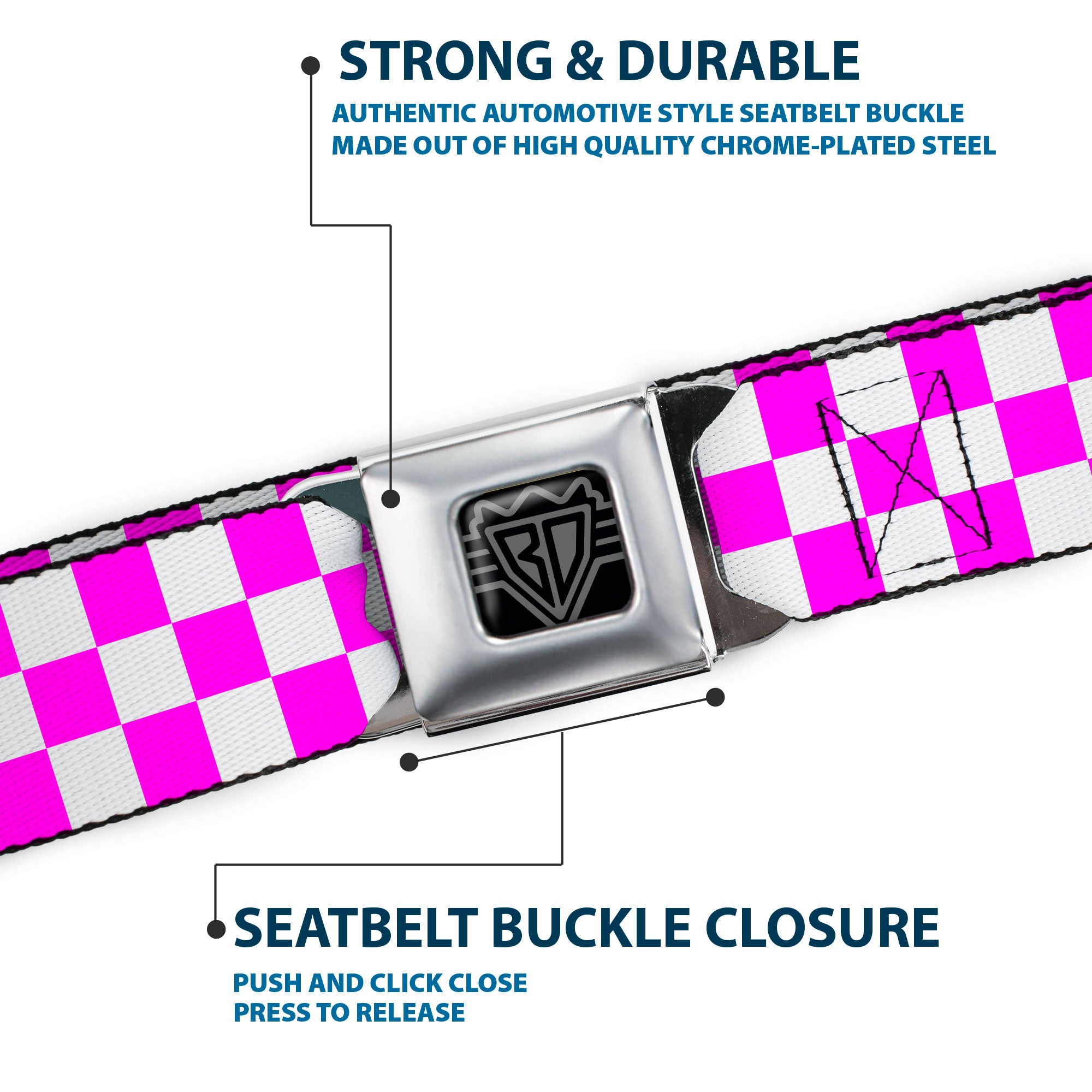 BD Wings Logo CLOSE-UP Black/Silver Seatbelt Belt - Checker Fuchsia Pink/White Webbing Seatbelt Belts Buckle-Down