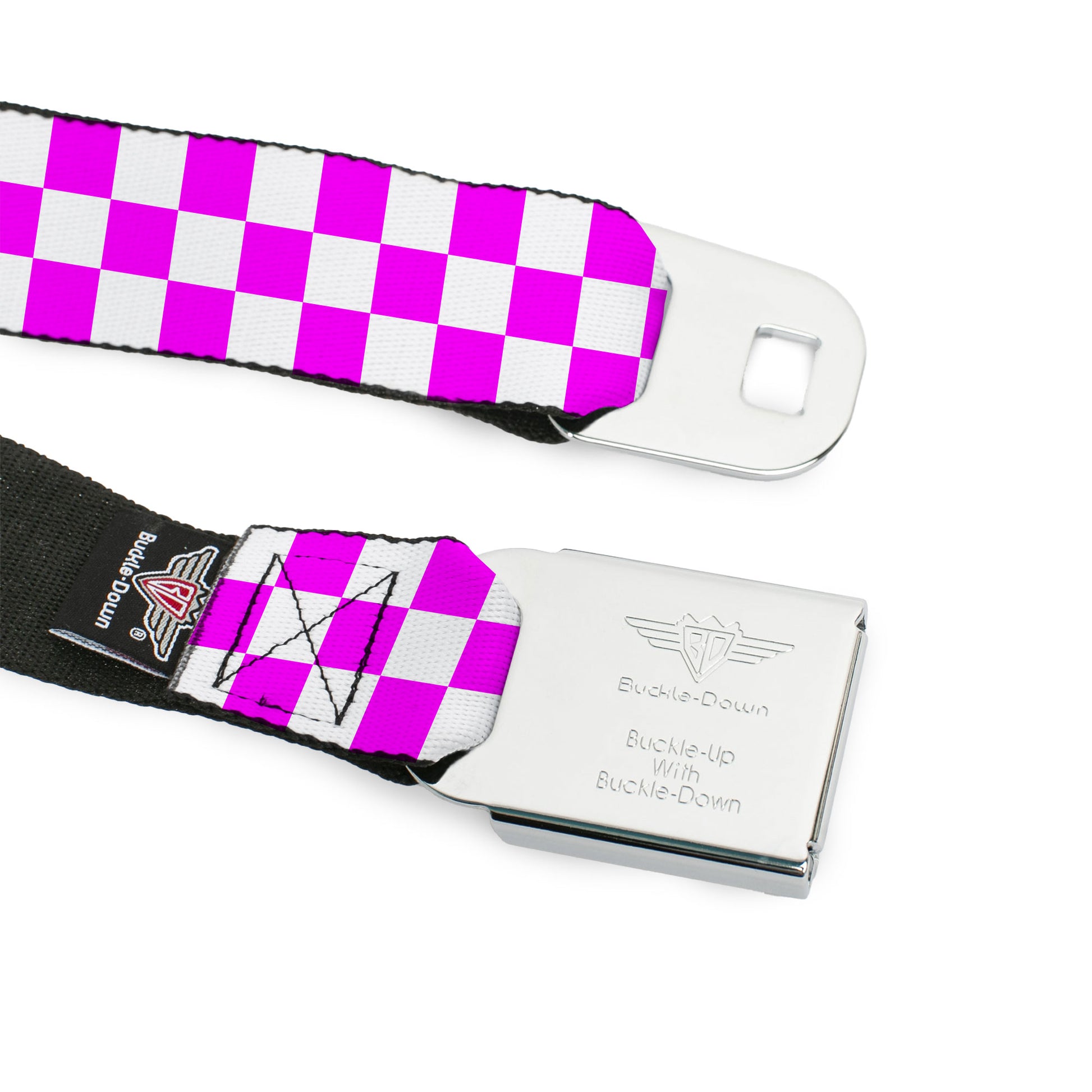 BD Wings Logo CLOSE-UP Black/Silver Seatbelt Belt - Checker Fuchsia Pink/White Webbing Seatbelt Belts Buckle-Down
