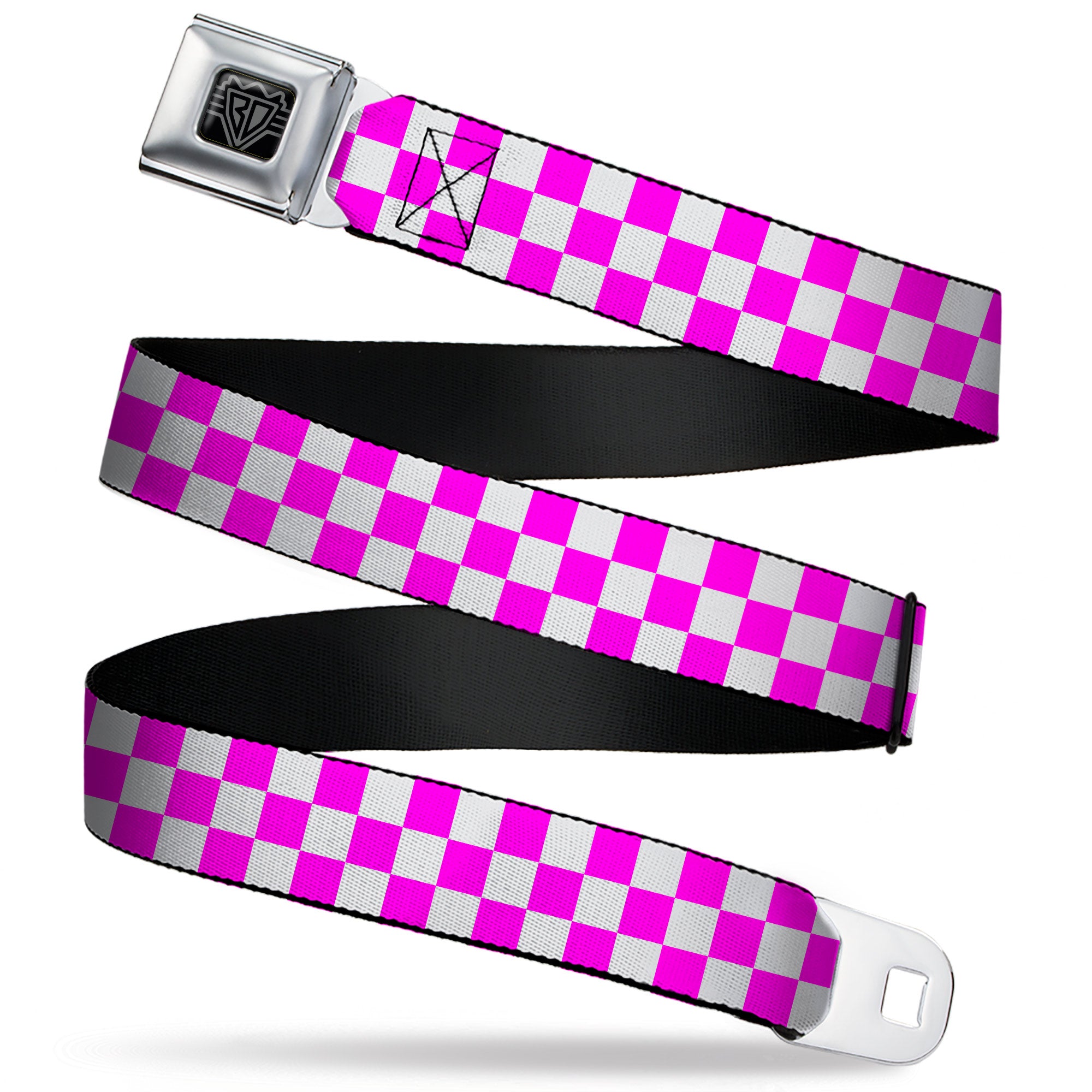 BD Wings Logo CLOSE-UP Black/Silver Seatbelt Belt - Checker Fuchsia Pink/White Webbing Seatbelt Belts Buckle-Down