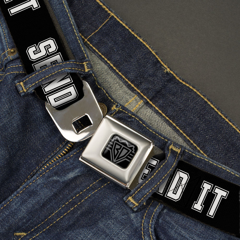 BD Wings Logo CLOSE-UP Black/Silver Seatbelt Belt - SEND IT Black/White Webbing Seatbelt Belts Buckle-Down
