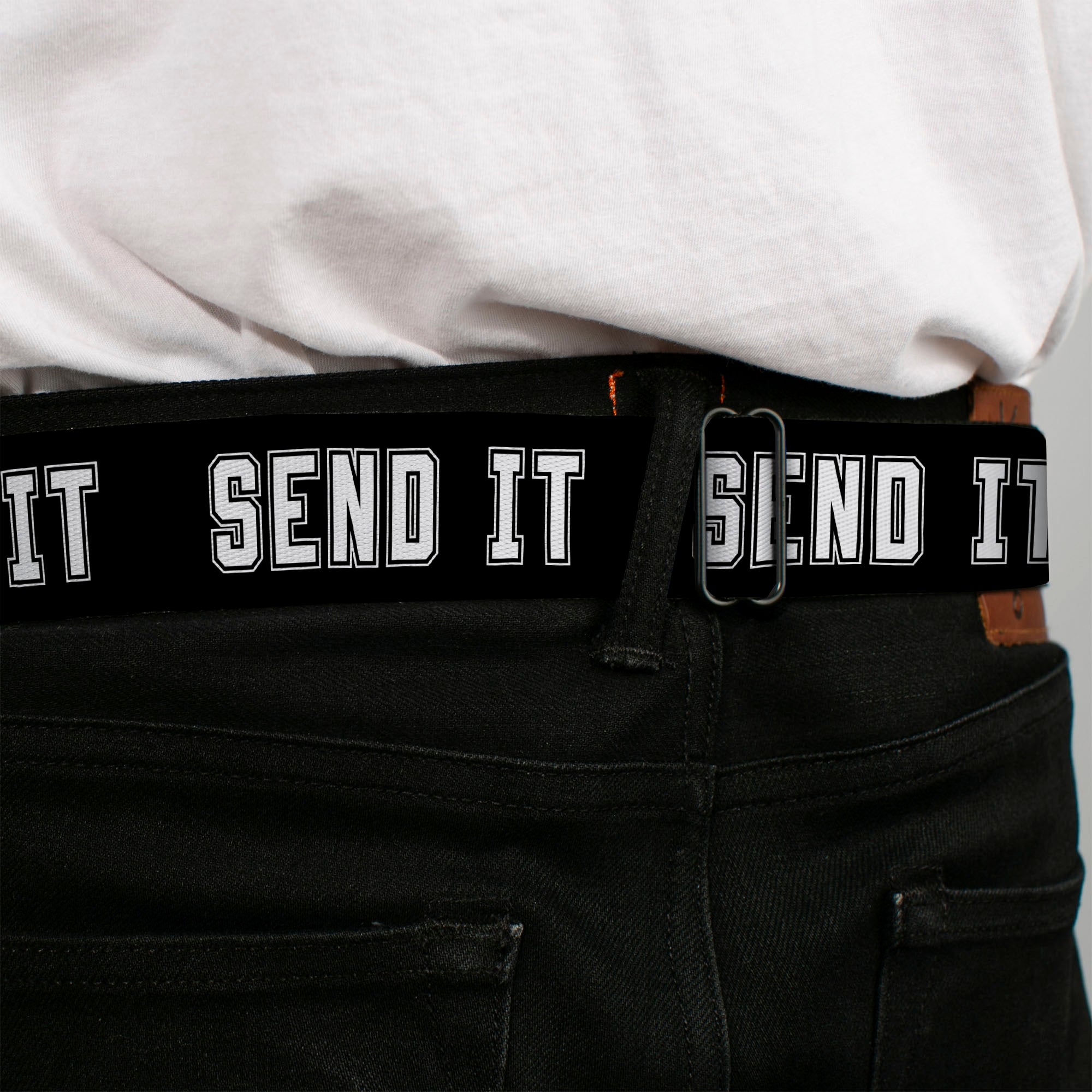 BD Wings Logo CLOSE-UP Black/Silver Seatbelt Belt - SEND IT Black/White Webbing Seatbelt Belts Buckle-Down