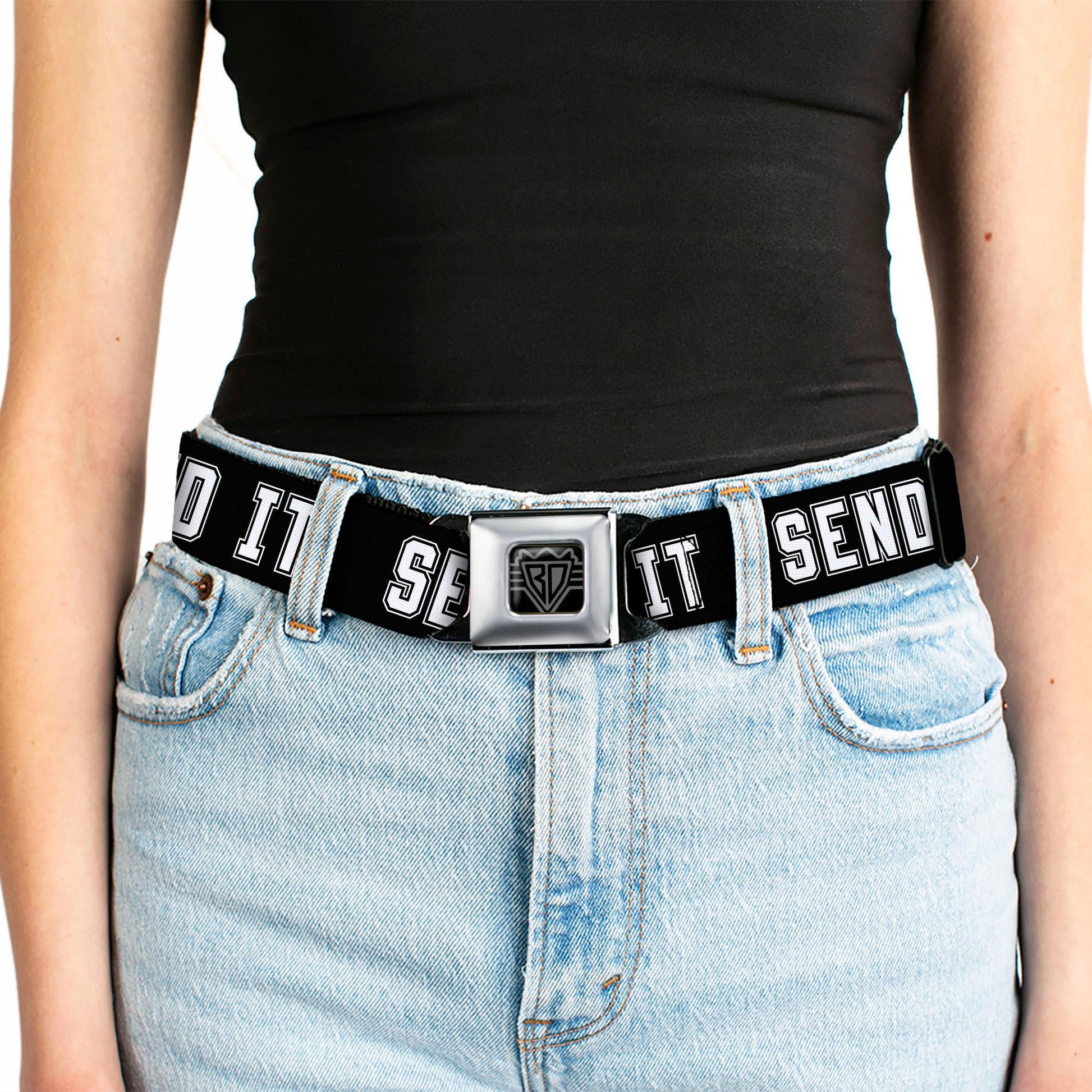 BD Wings Logo CLOSE-UP Black/Silver Seatbelt Belt - SEND IT Black/White Webbing Seatbelt Belts Buckle-Down