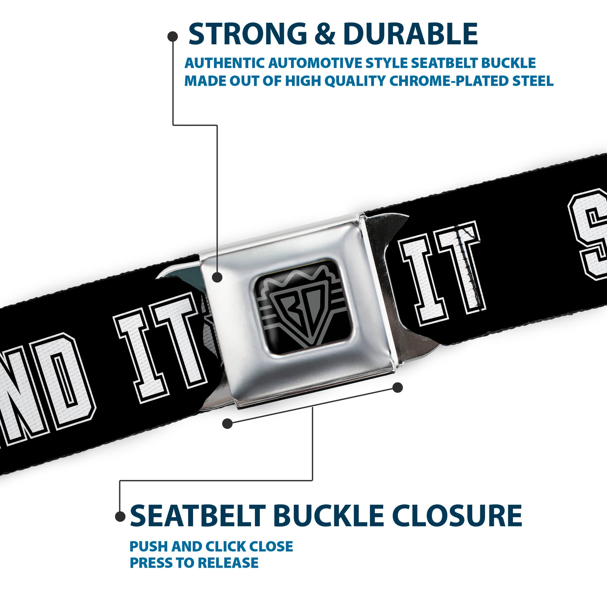 BD Wings Logo CLOSE-UP Black/Silver Seatbelt Belt - SEND IT Black/White Webbing Seatbelt Belts Buckle-Down
