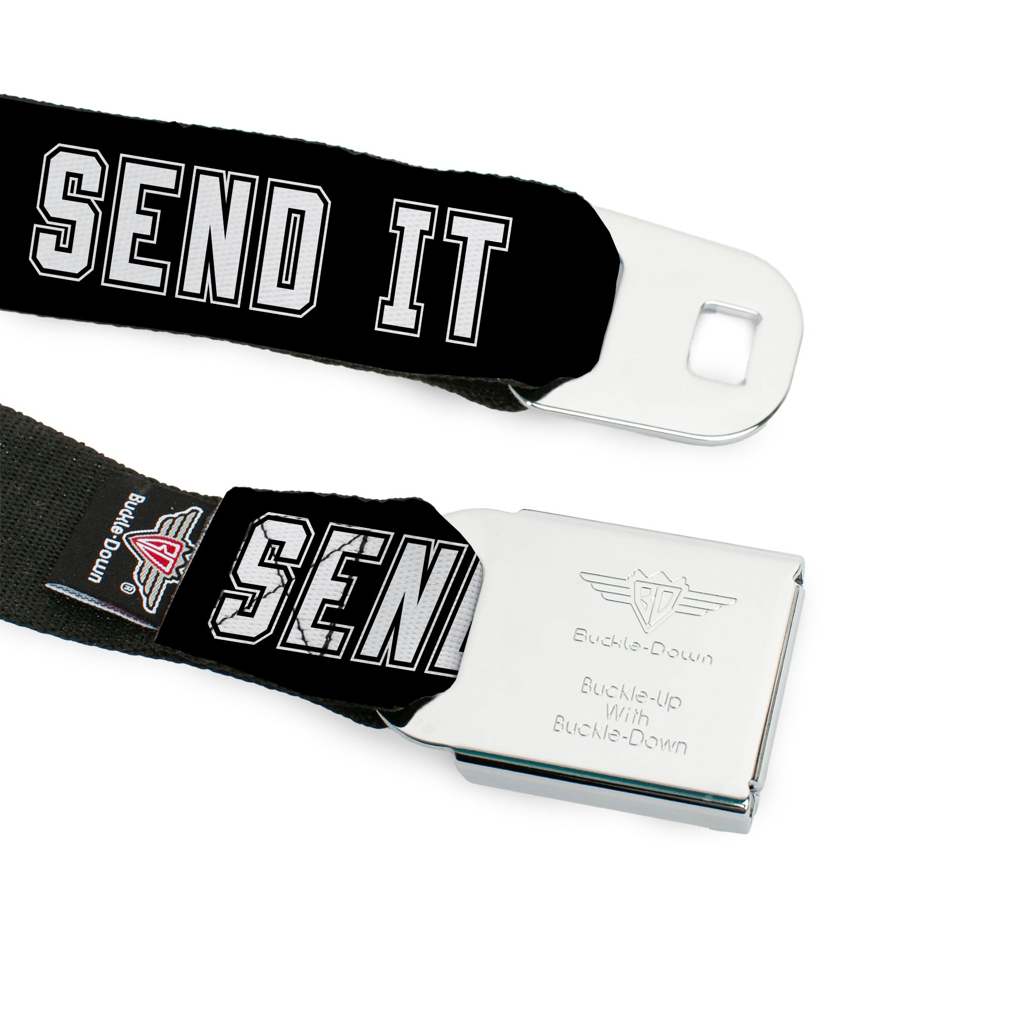 BD Wings Logo CLOSE-UP Black/Silver Seatbelt Belt - SEND IT Black/White Webbing Seatbelt Belts Buckle-Down