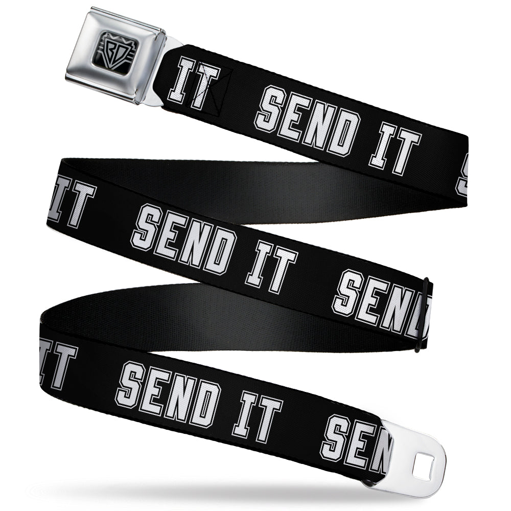 BD Wings Logo CLOSE-UP Black/Silver Seatbelt Belt - SEND IT Black/White Webbing Seatbelt Belts Buckle-Down