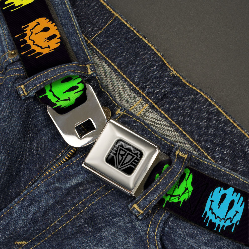 BD Wings Logo CLOSE-UP Black/Silver Seatbelt Belt - Smiley Face Melted Repeat Black/Multi Neon Webbing Seatbelt Belts Buckle-Down