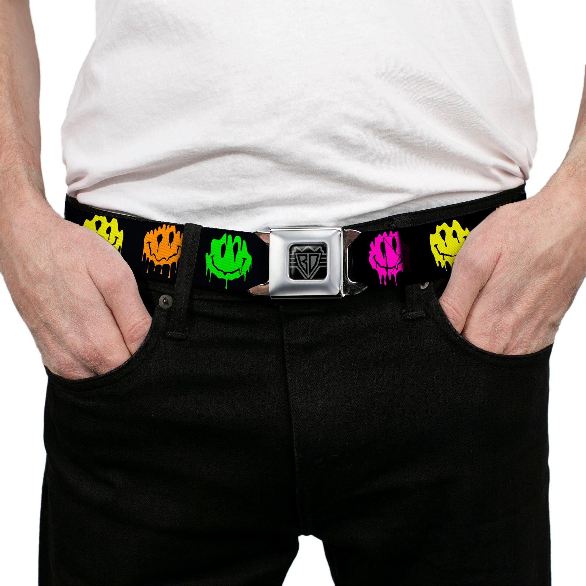 BD Wings Logo CLOSE-UP Black/Silver Seatbelt Belt - Smiley Face Melted Repeat Black/Multi Neon Webbing Seatbelt Belts Buckle-Down