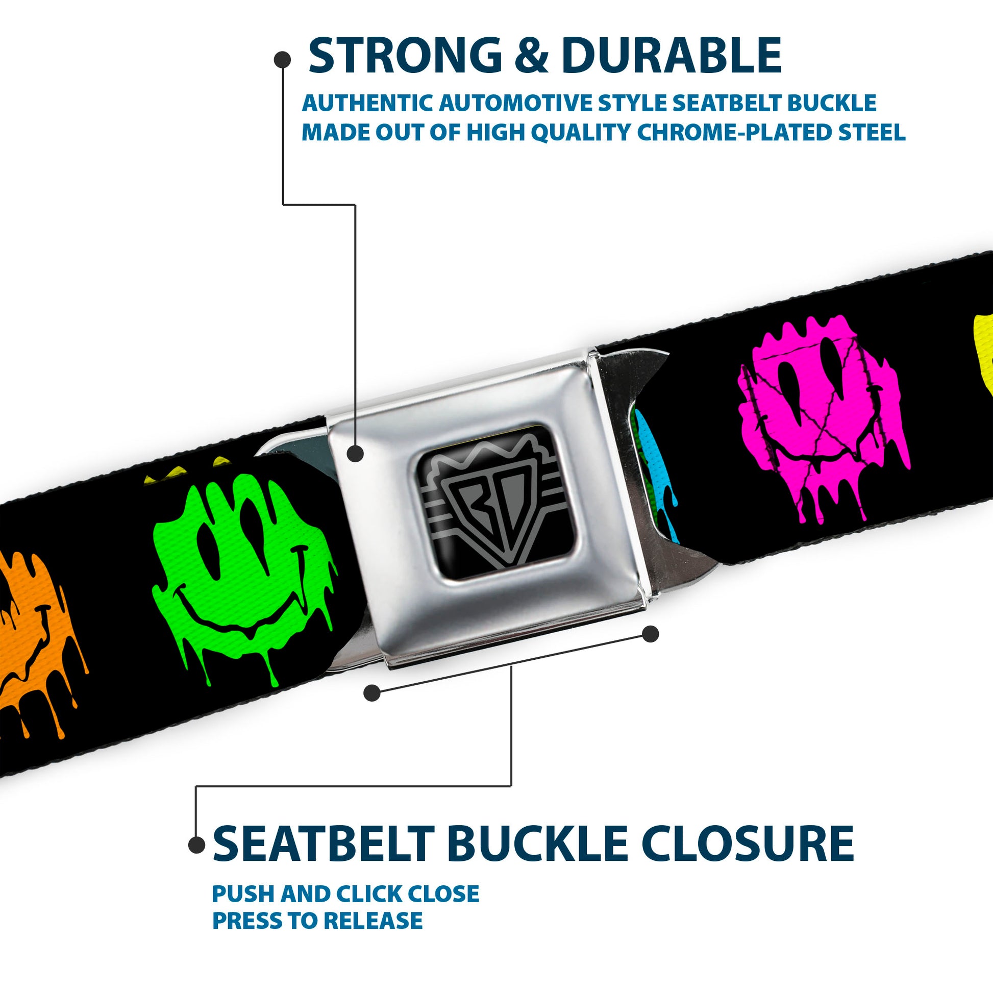BD Wings Logo CLOSE-UP Black/Silver Seatbelt Belt - Smiley Face Melted Repeat Black/Multi Neon Webbing Seatbelt Belts Buckle-Down