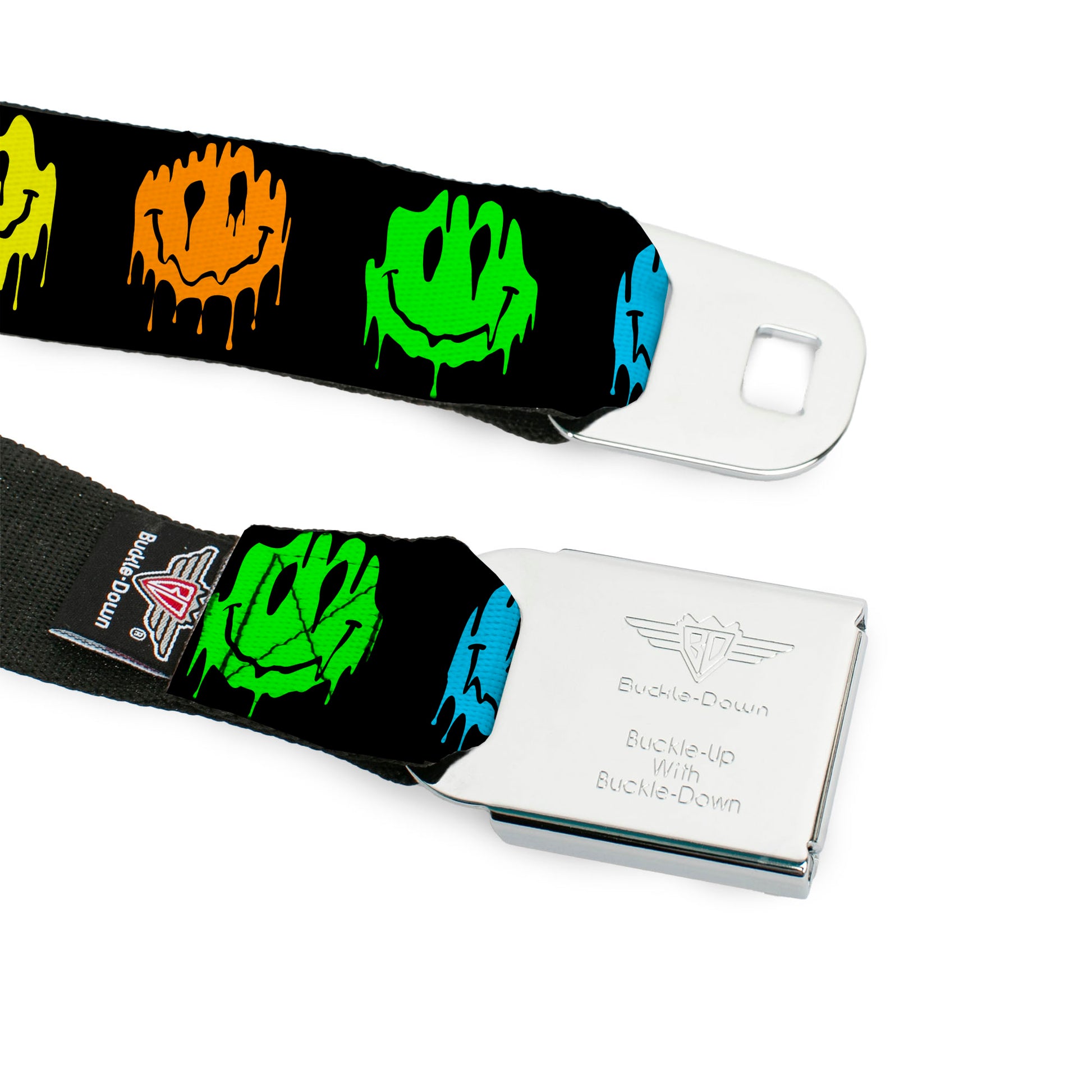 BD Wings Logo CLOSE-UP Black/Silver Seatbelt Belt - Smiley Face Melted Repeat Black/Multi Neon Webbing Seatbelt Belts Buckle-Down