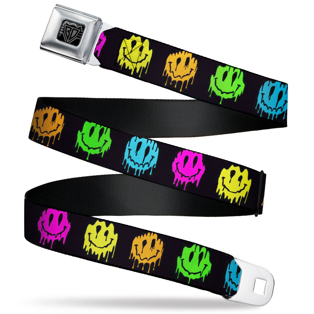 BD Wings Logo CLOSE-UP Black/Silver Seatbelt Belt - Smiley Face Melted Repeat Black/Multi Neon Webbing Seatbelt Belts Buckle-Down