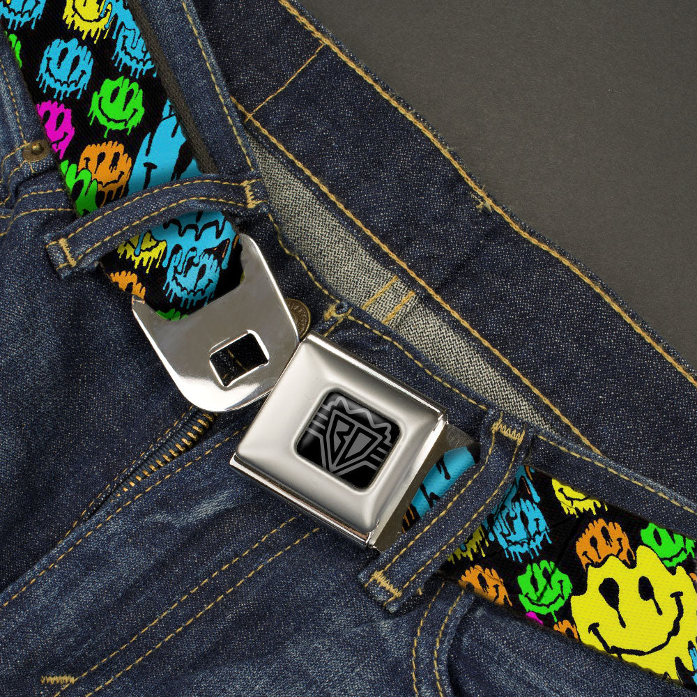 BD Wings Logo CLOSE-UP Black/Silver Seatbelt Belt - Smiley Faces Melted Stacked Black/Multi Neon Webbing Seatbelt Belts Buckle-Down