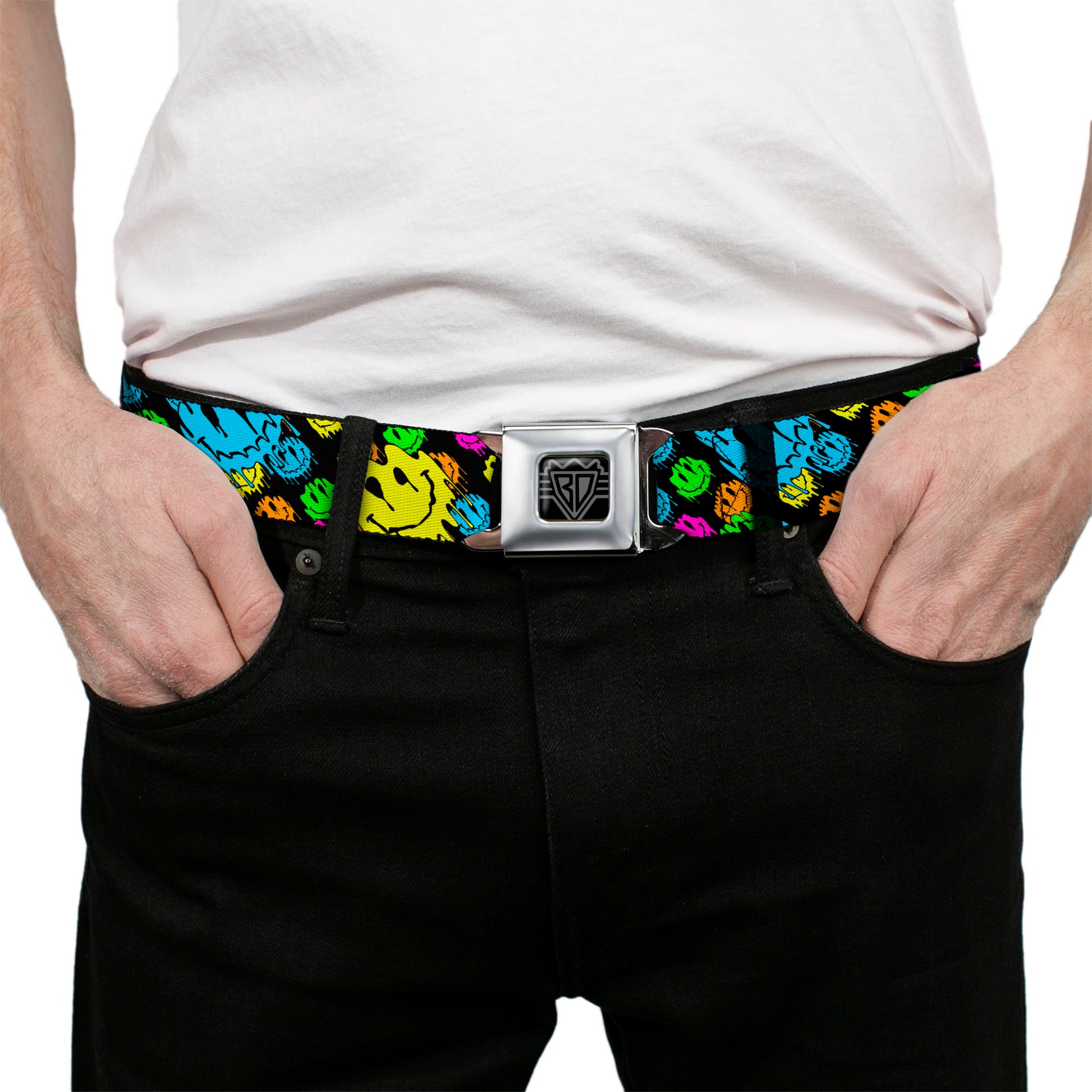 BD Wings Logo CLOSE-UP Black/Silver Seatbelt Belt - Smiley Faces Melted Stacked Black/Multi Neon Webbing Seatbelt Belts Buckle-Down
