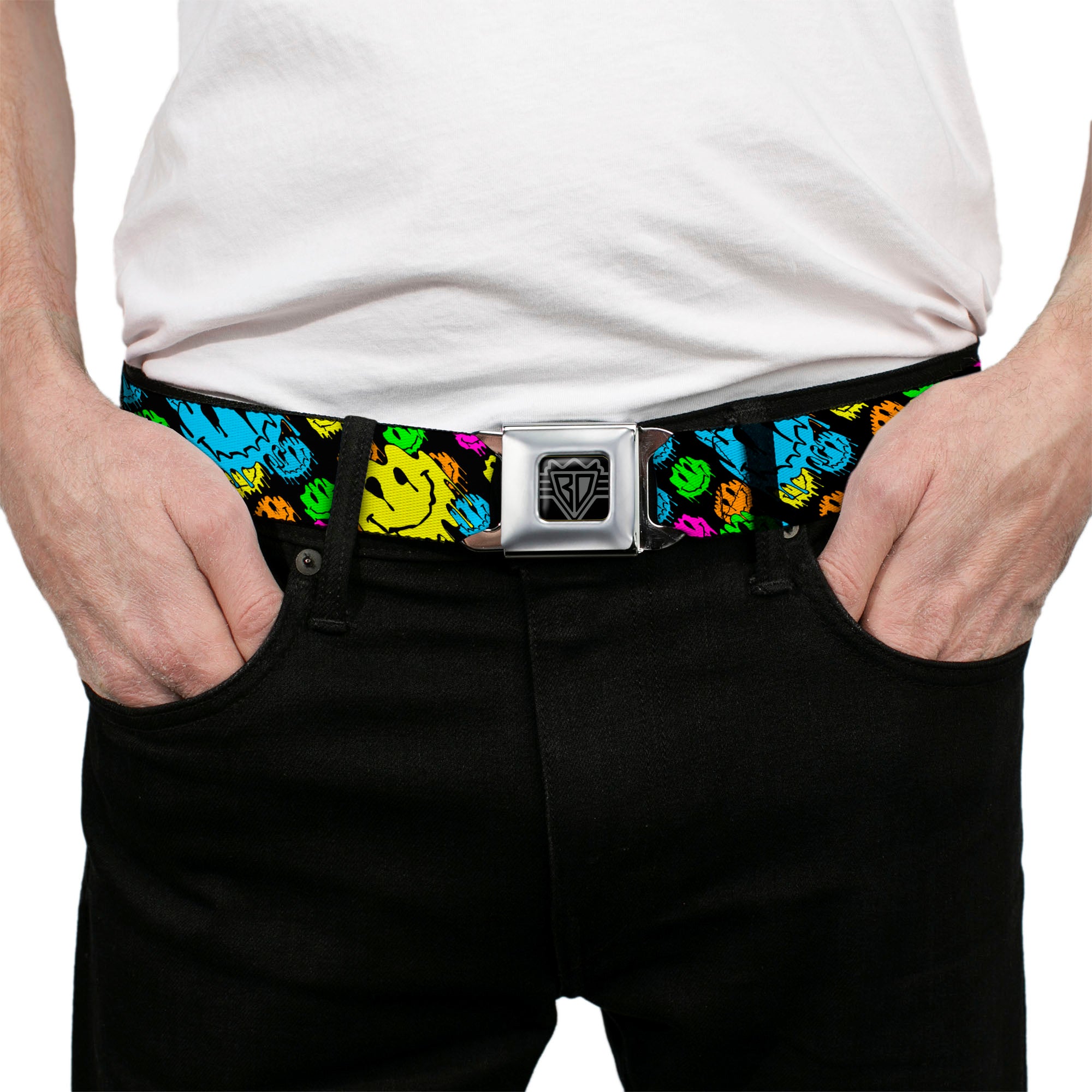 BD Wings Logo CLOSE-UP Black/Silver Seatbelt Belt - Smiley Faces Melted Stacked Black/Multi Neon Webbing Seatbelt Belts Buckle-Down