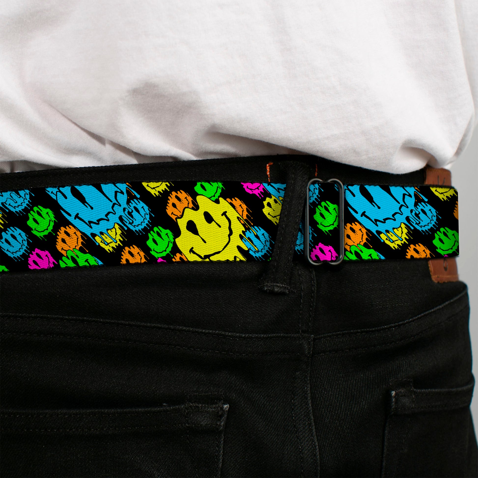 BD Wings Logo CLOSE-UP Black/Silver Seatbelt Belt - Smiley Faces Melted Stacked Black/Multi Neon Webbing Seatbelt Belts Buckle-Down